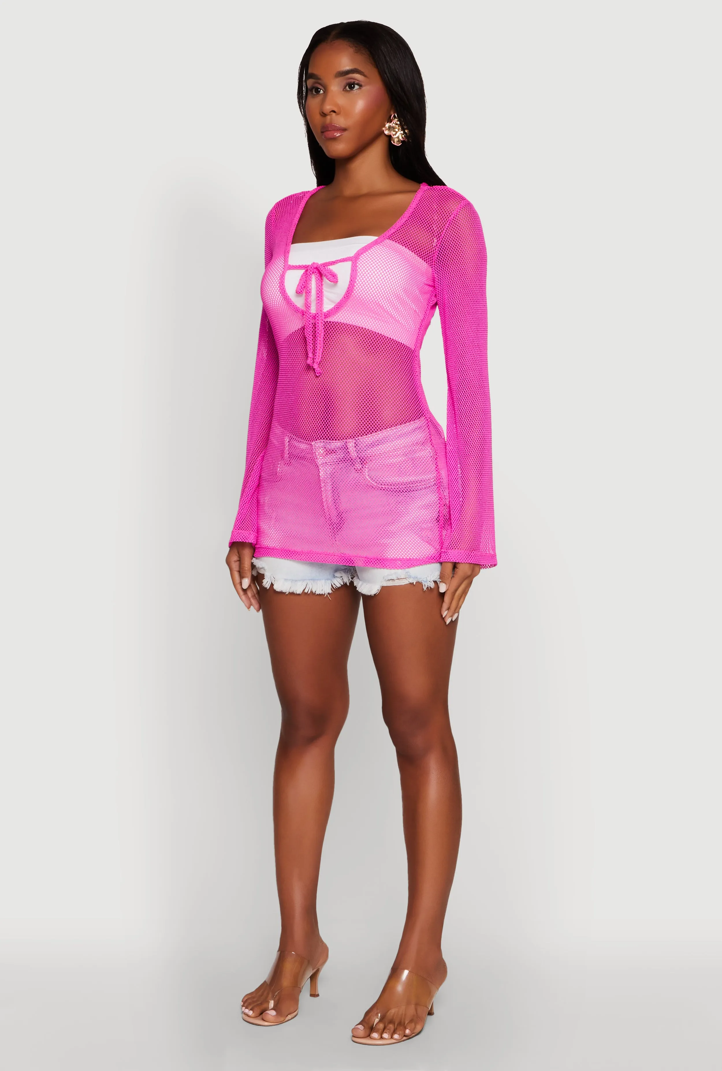 Fishnet Tie Front Keyhole Long Sleeve Top sold by Rainbow product image thumbnail 5