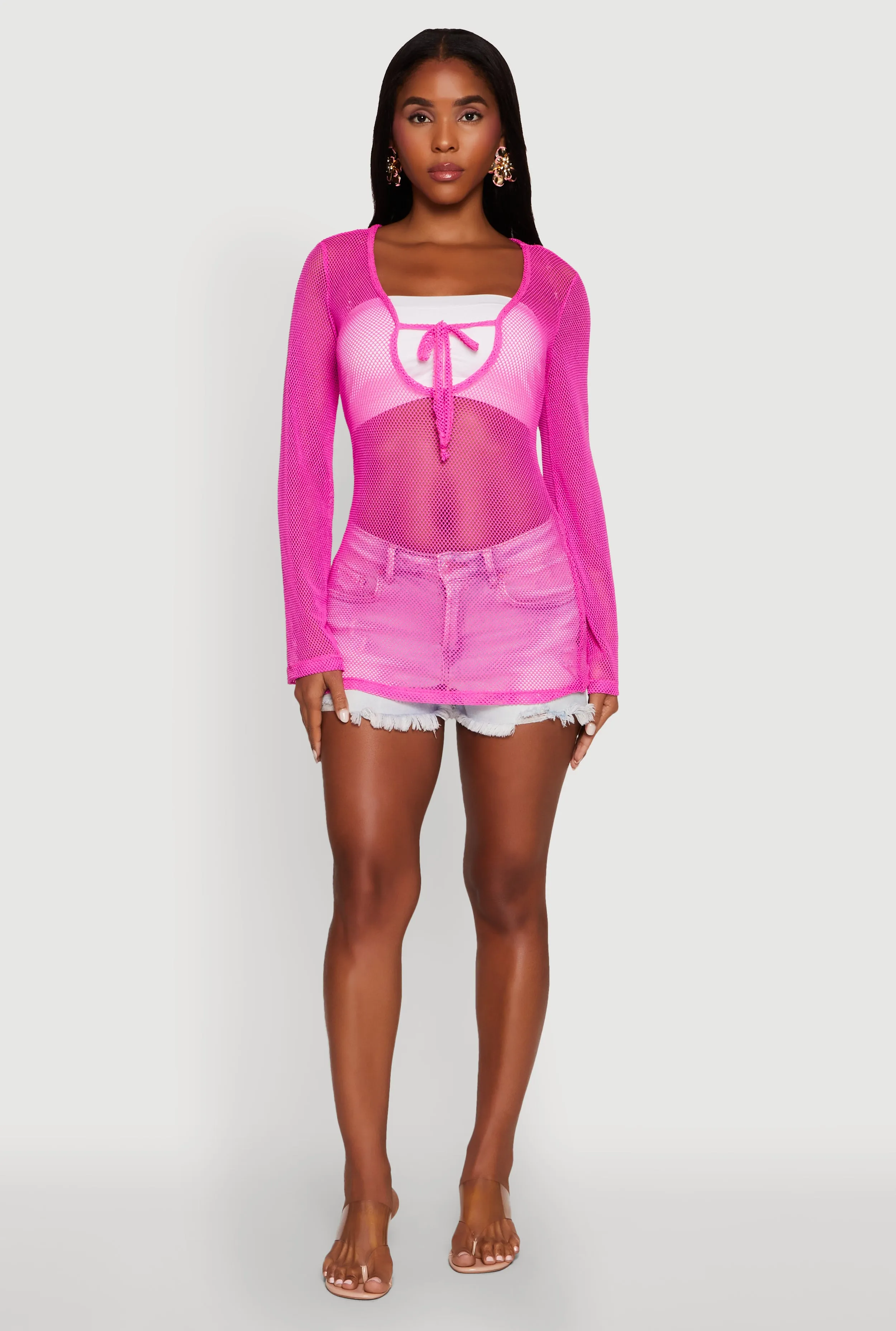 Fishnet Tie Front Keyhole Long Sleeve Top sold by Rainbow product image thumbnail 3