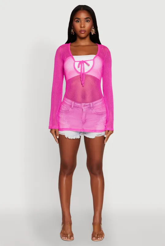 Fishnet Tie Front Keyhole Long Sleeve Top sold by Rainbow