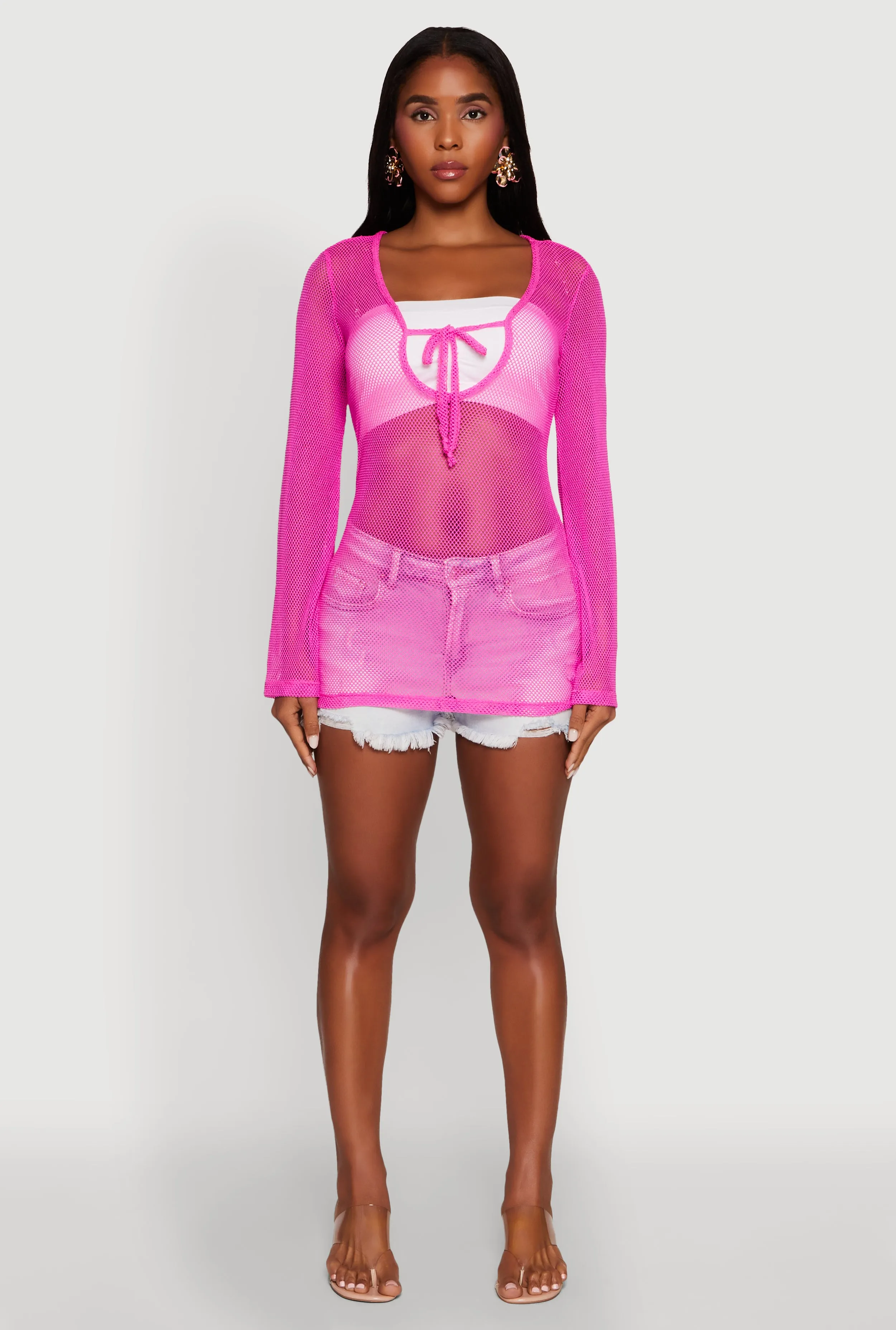 Fishnet Tie Front Keyhole Long Sleeve Top sold by Rainbow