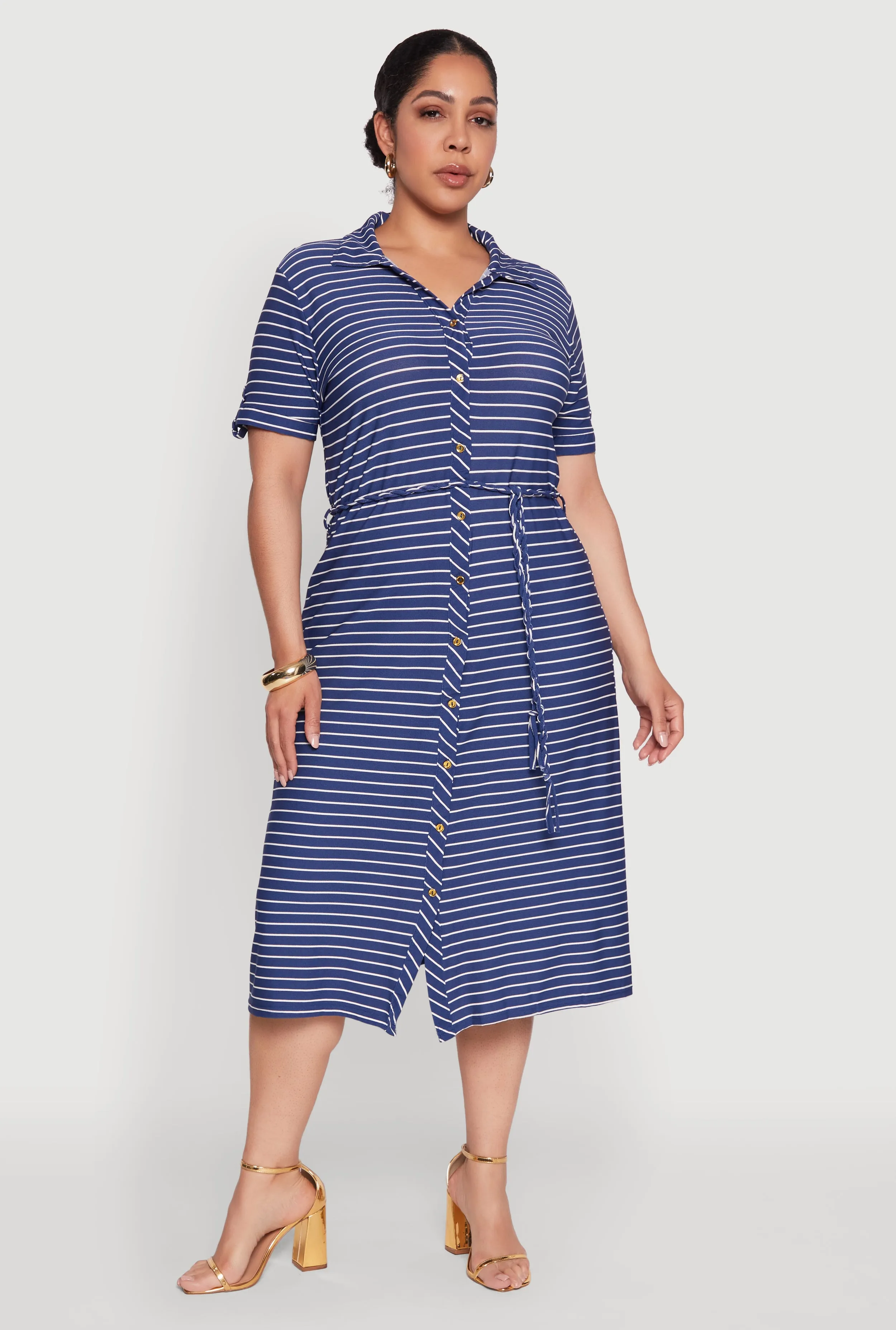 Plus Size Striped Tie Waist Button Front Shirt Dress sold by Rainbow product image thumbnail 2