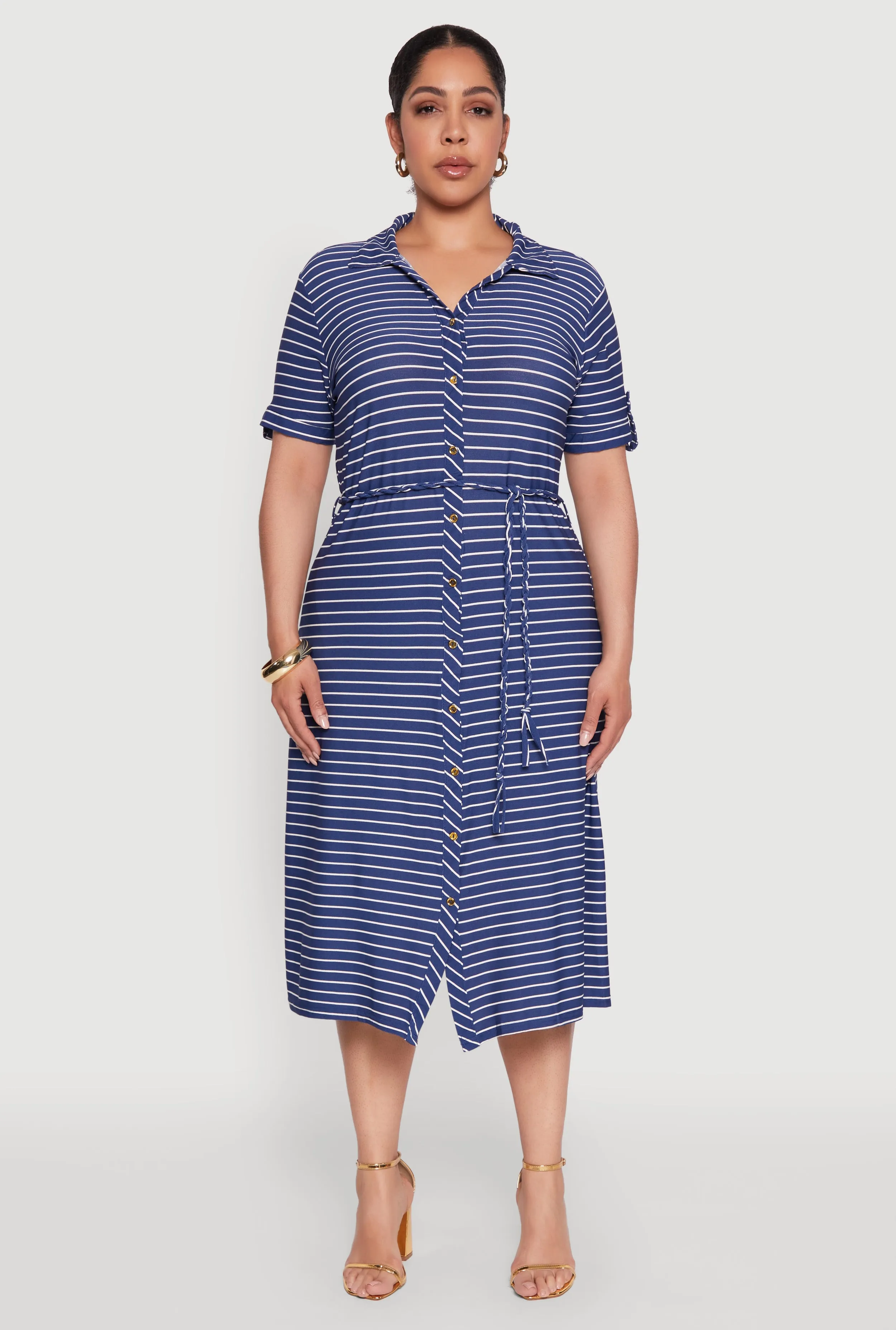 Plus Size Striped Tie Waist Button Front Shirt Dress sold by Rainbow