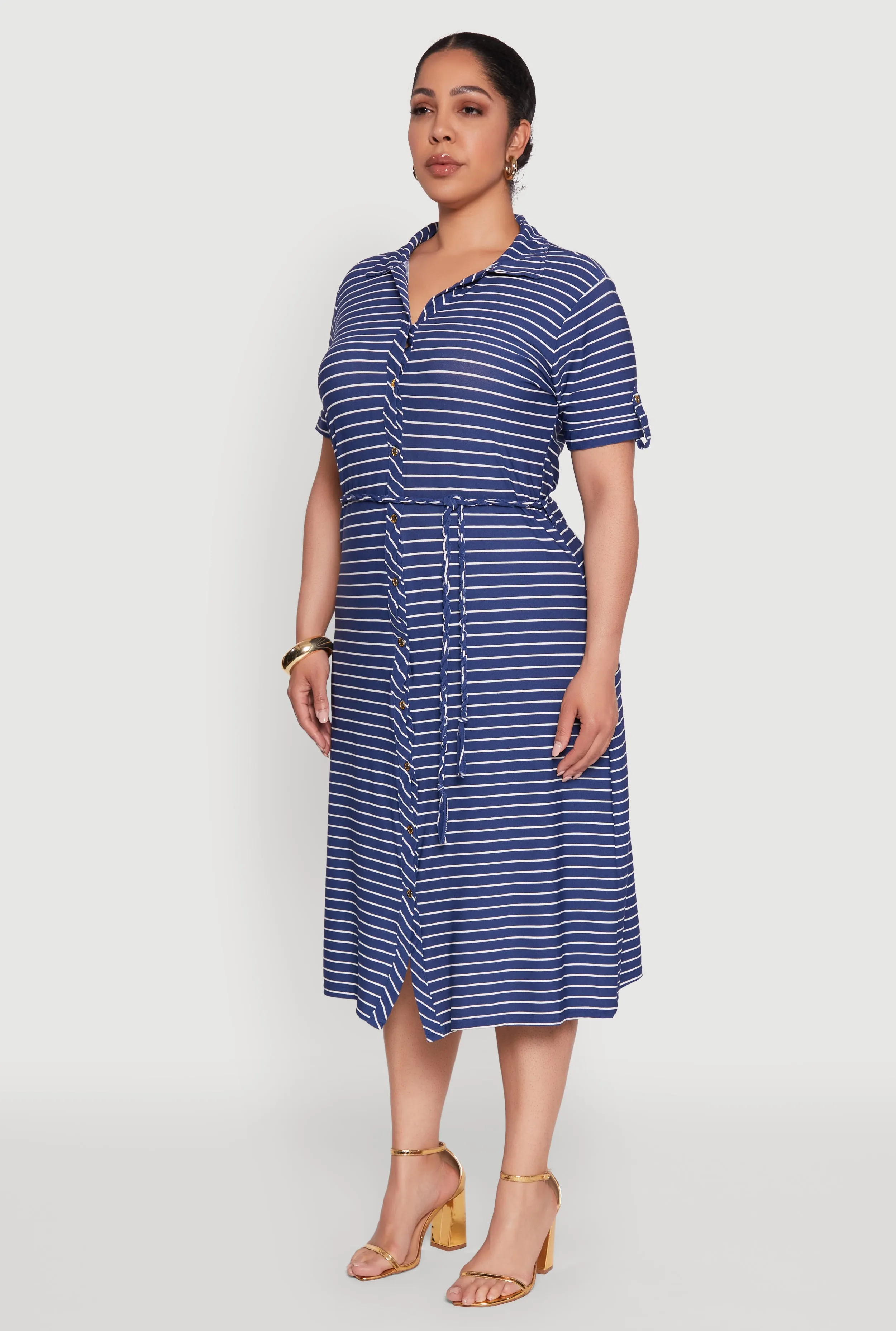 Plus Size Striped Tie Waist Button Front Shirt Dress sold by Rainbow product image thumbnail 3