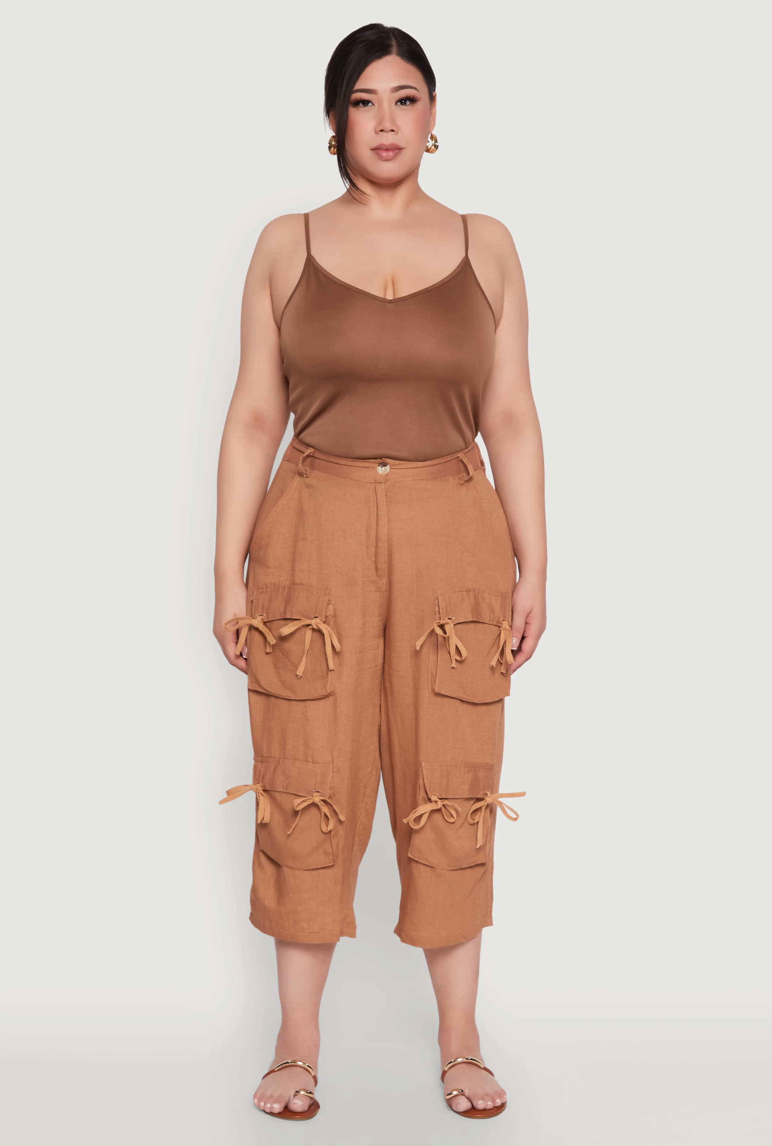 Plus Size Tie Cargo Pocket Capri Pants sold by Rainbow