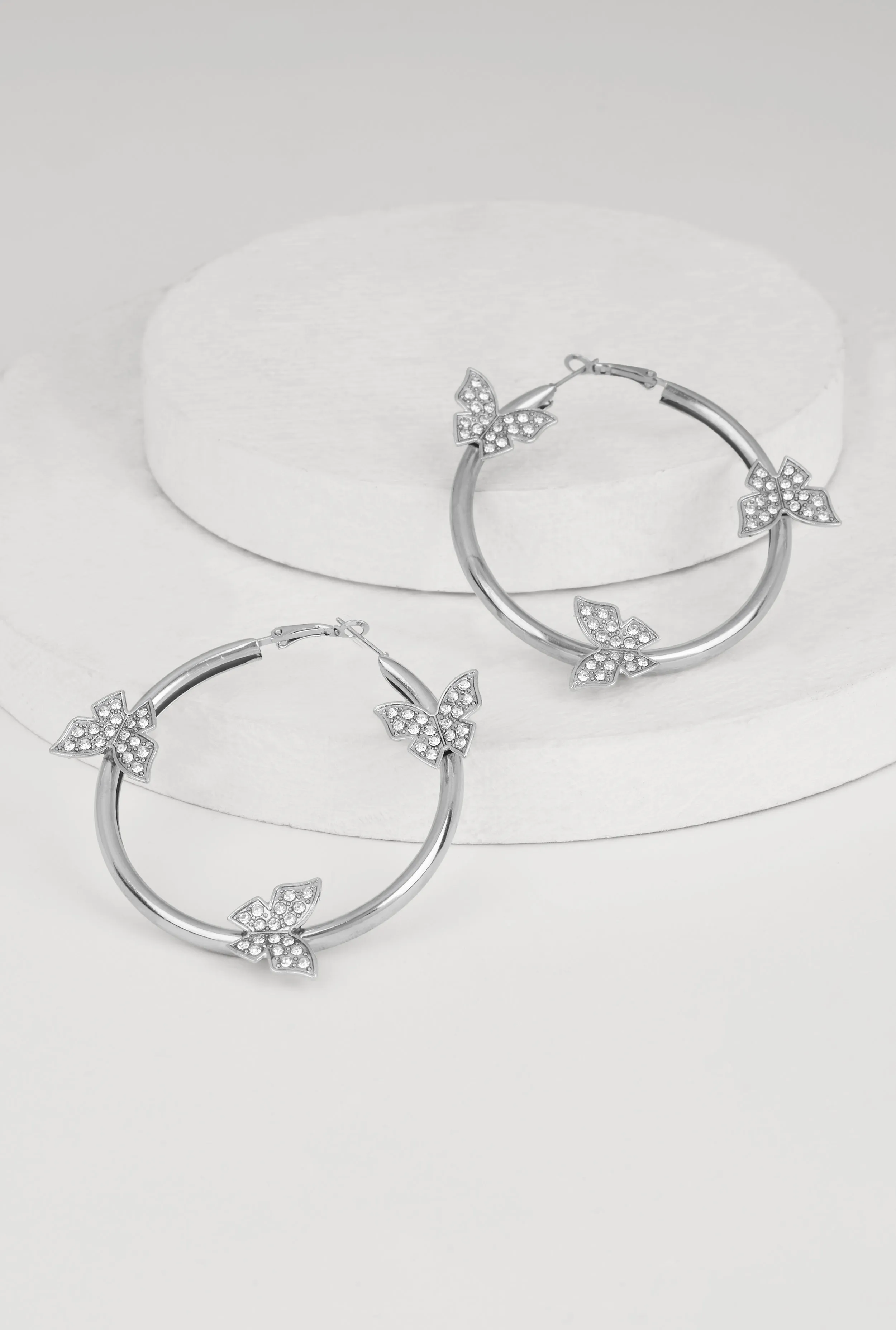 Rhinestone Studded Butterfly Hoop Earrings sold by Rainbow