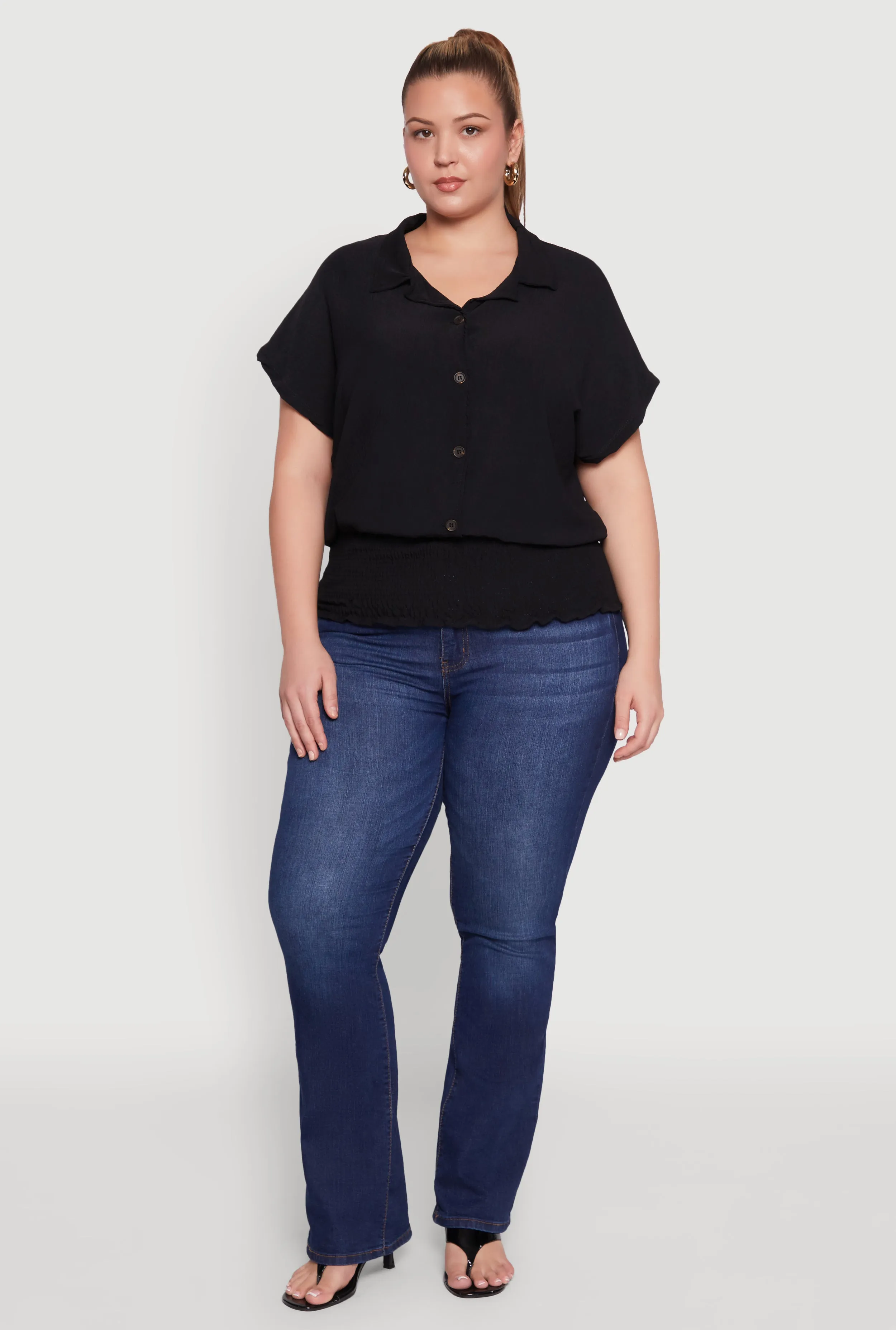 Plus Size Smocked Hem Button Front Top sold by Rainbow