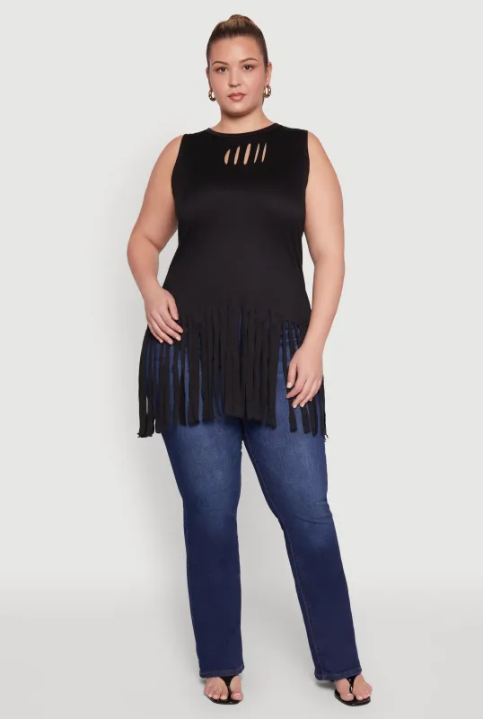 Plus Size Laser Cut Fringe Hem Tank Top sold by Rainbow