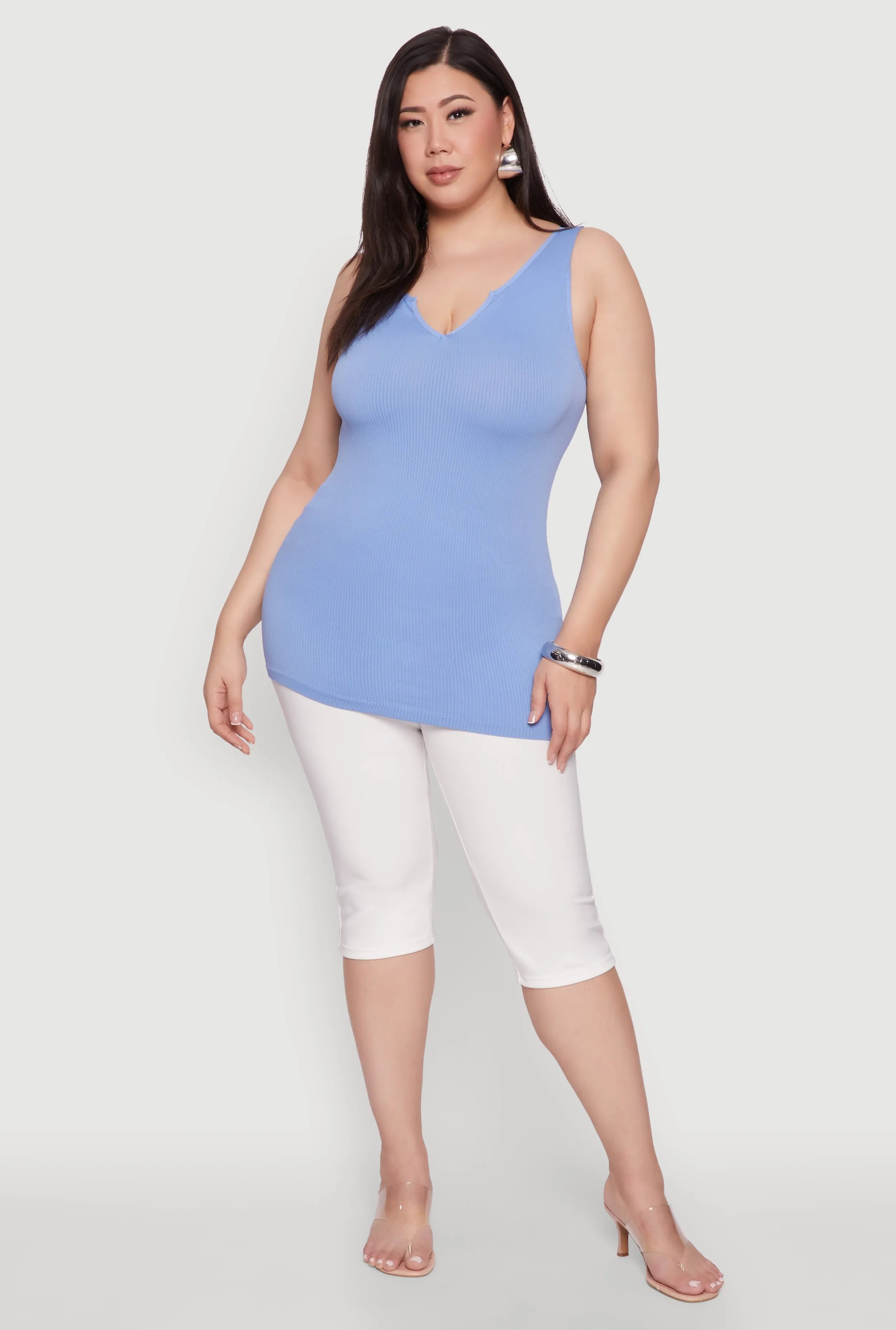 Plus Size Seamless Rib Knit Notch Neck Tank Top sold by Rainbow