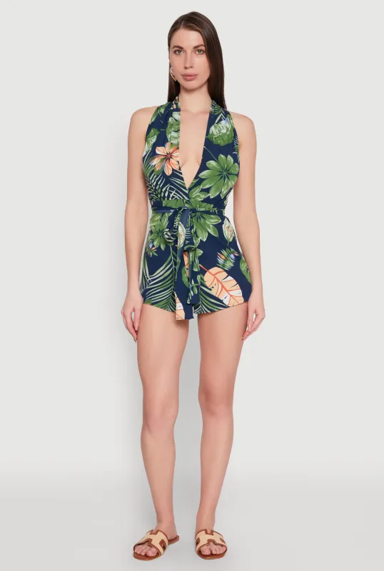 Haute Monde Tropical Print Tie Waist Romper sold by Rainbow
