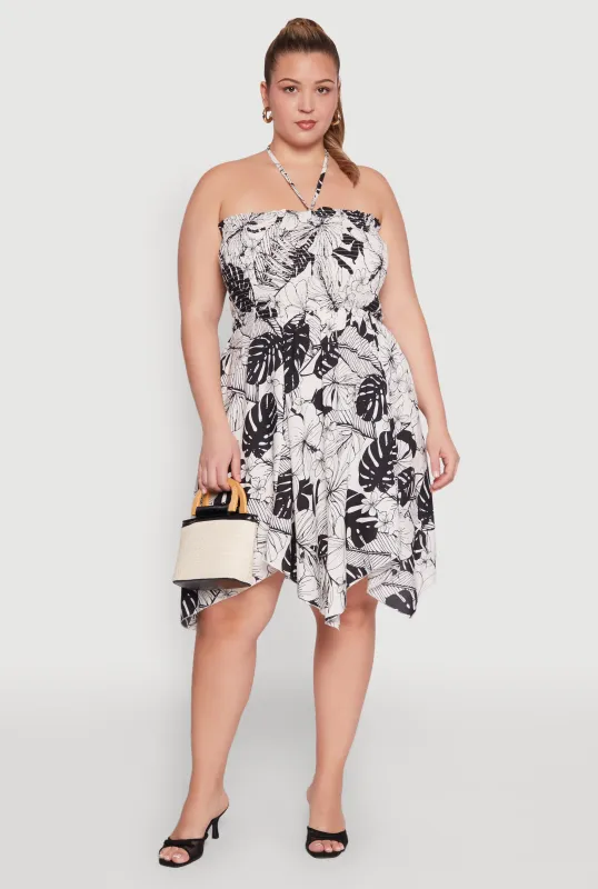 Plus Size Smocked Shark Bite Leaf Print Dress sold by Rainbow