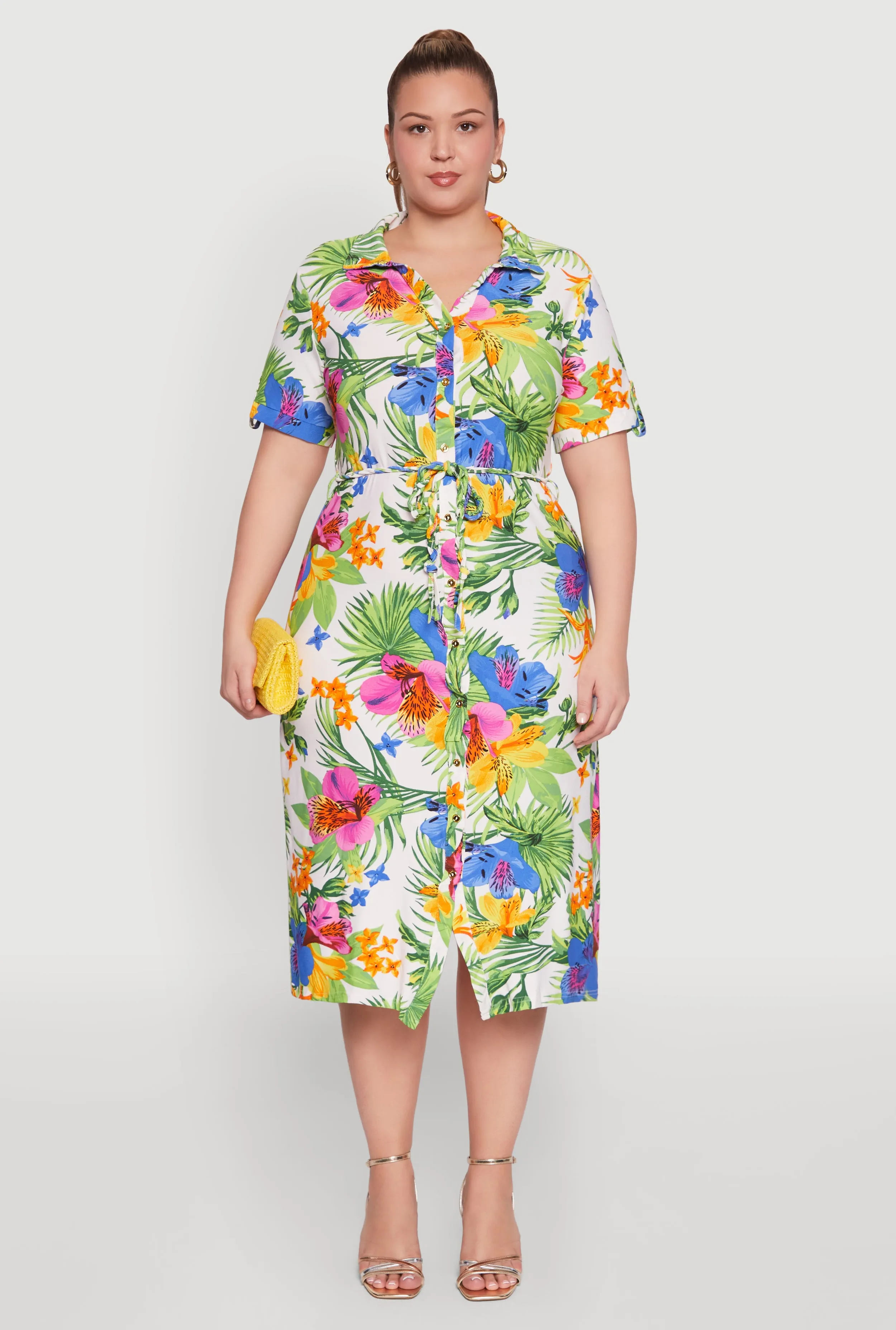 Plus Size Tie Waist Belted Floral Print Shirt Dress sold by Rainbow product image thumbnail 2