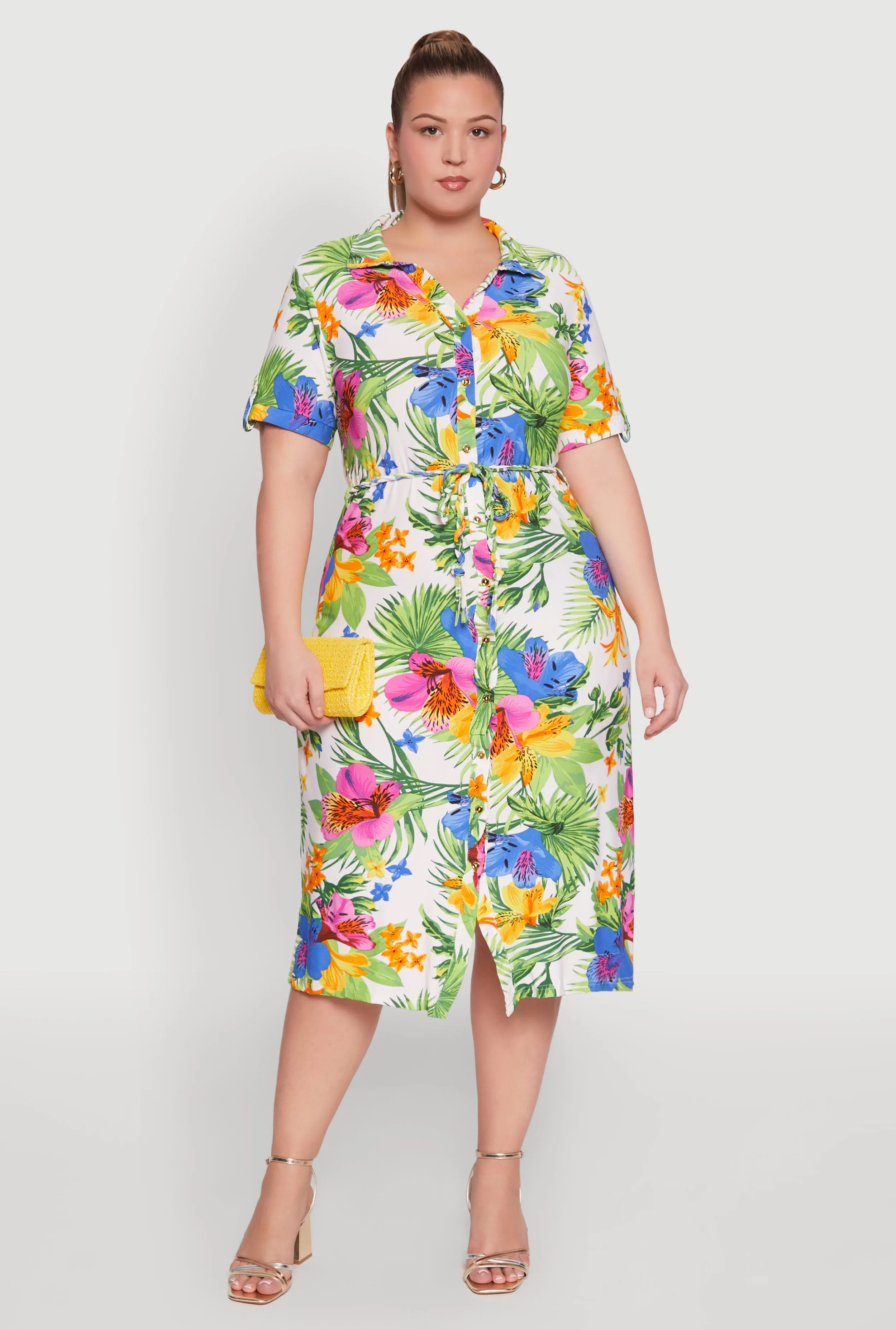 Plus Size Tie Waist Belted Floral Print Shirt Dress sold by Rainbow