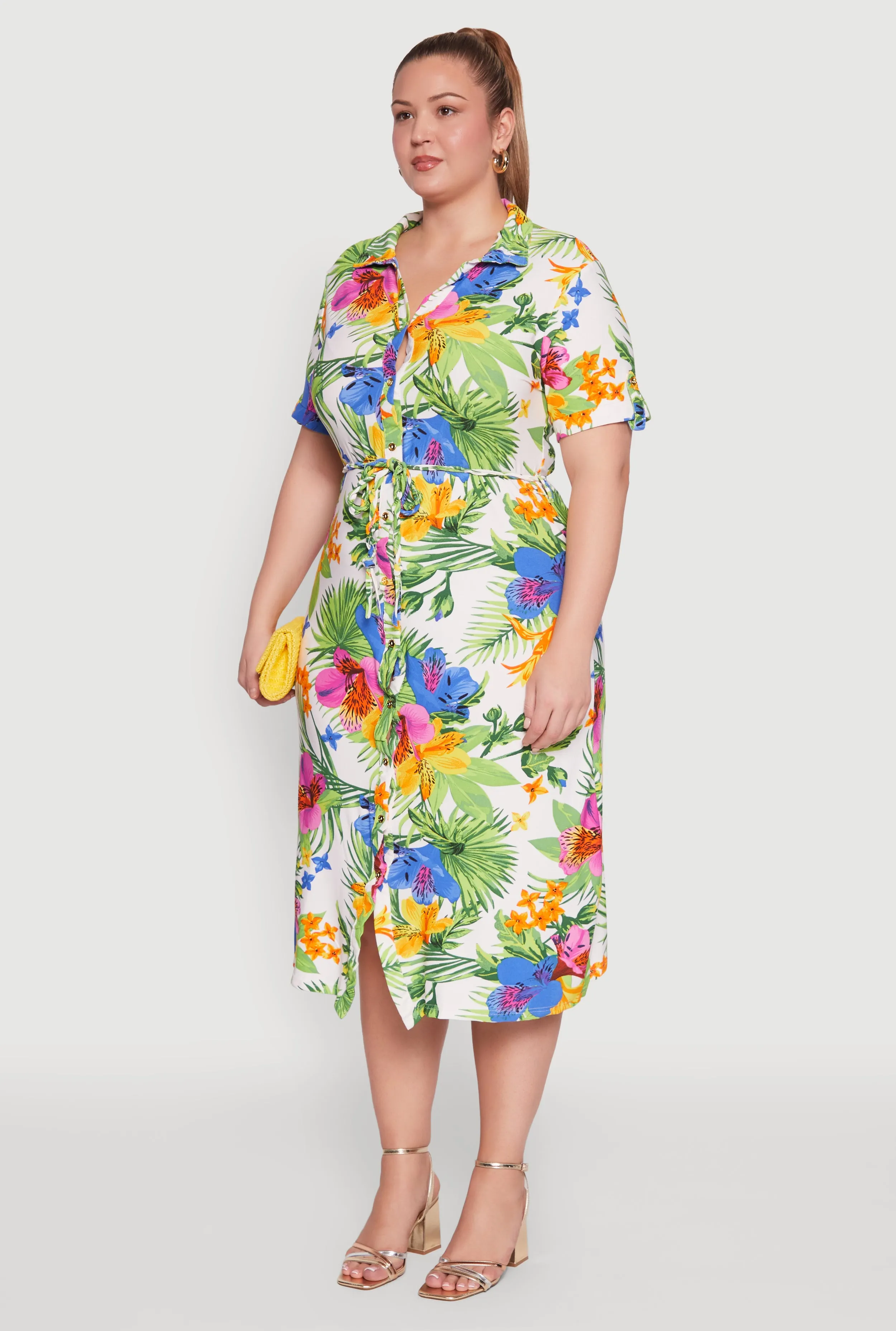 Plus Size Tie Waist Belted Floral Print Shirt Dress sold by Rainbow product image thumbnail 3