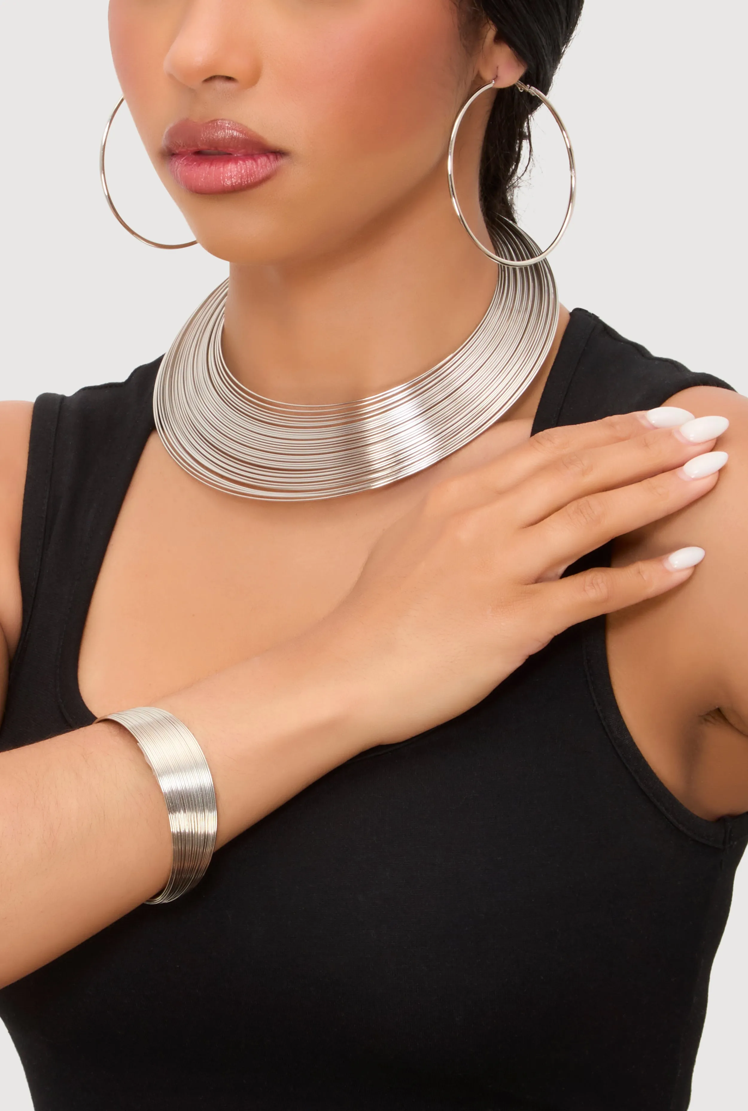 Metallic Choker Necklace with Hoop Earrings and Cuff Bracelet sold by Rainbow product image thumbnail 2