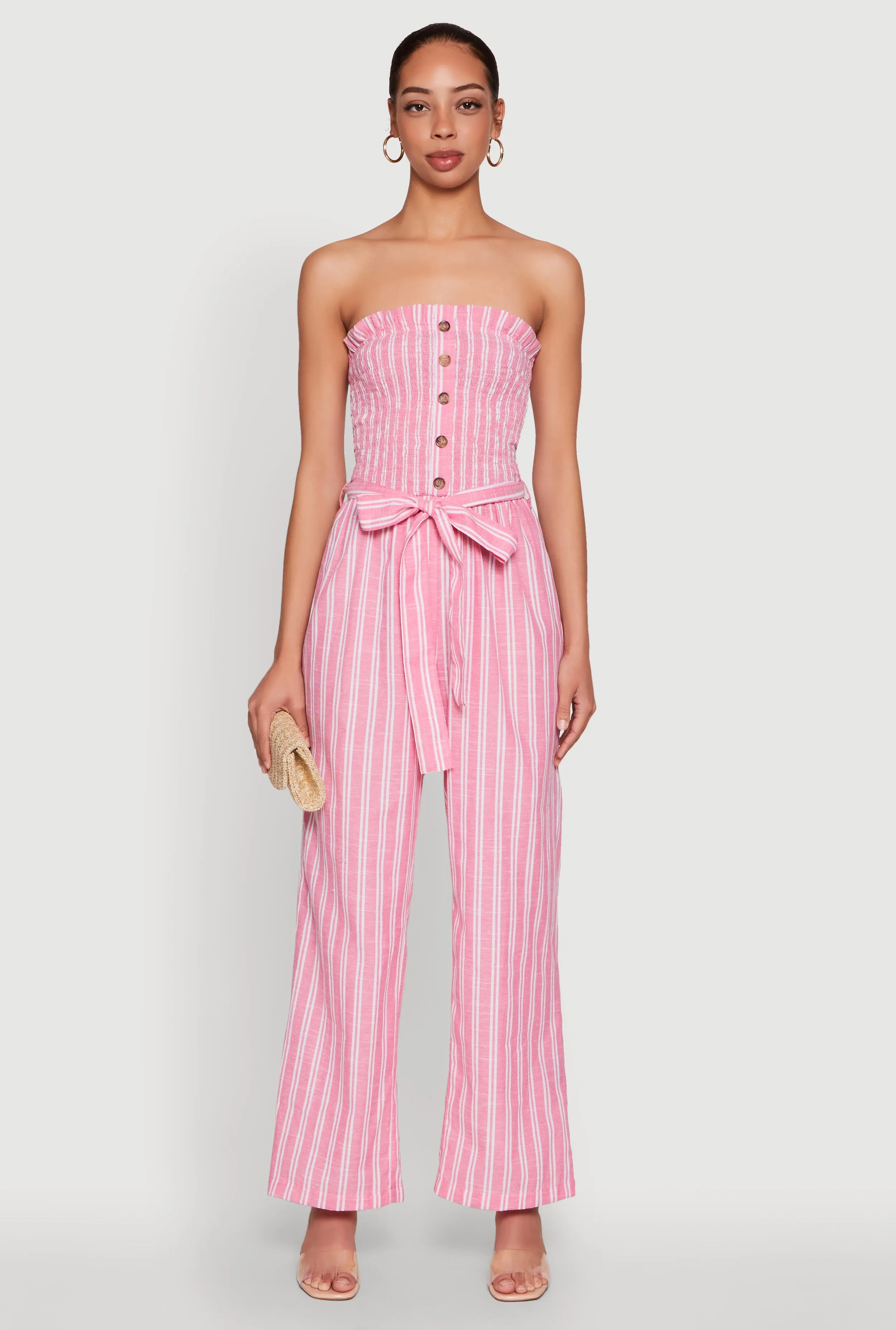 Smocked Tie Waist Belted Pinstripe Jumpsuit sold by Rainbow product image thumbnail 2