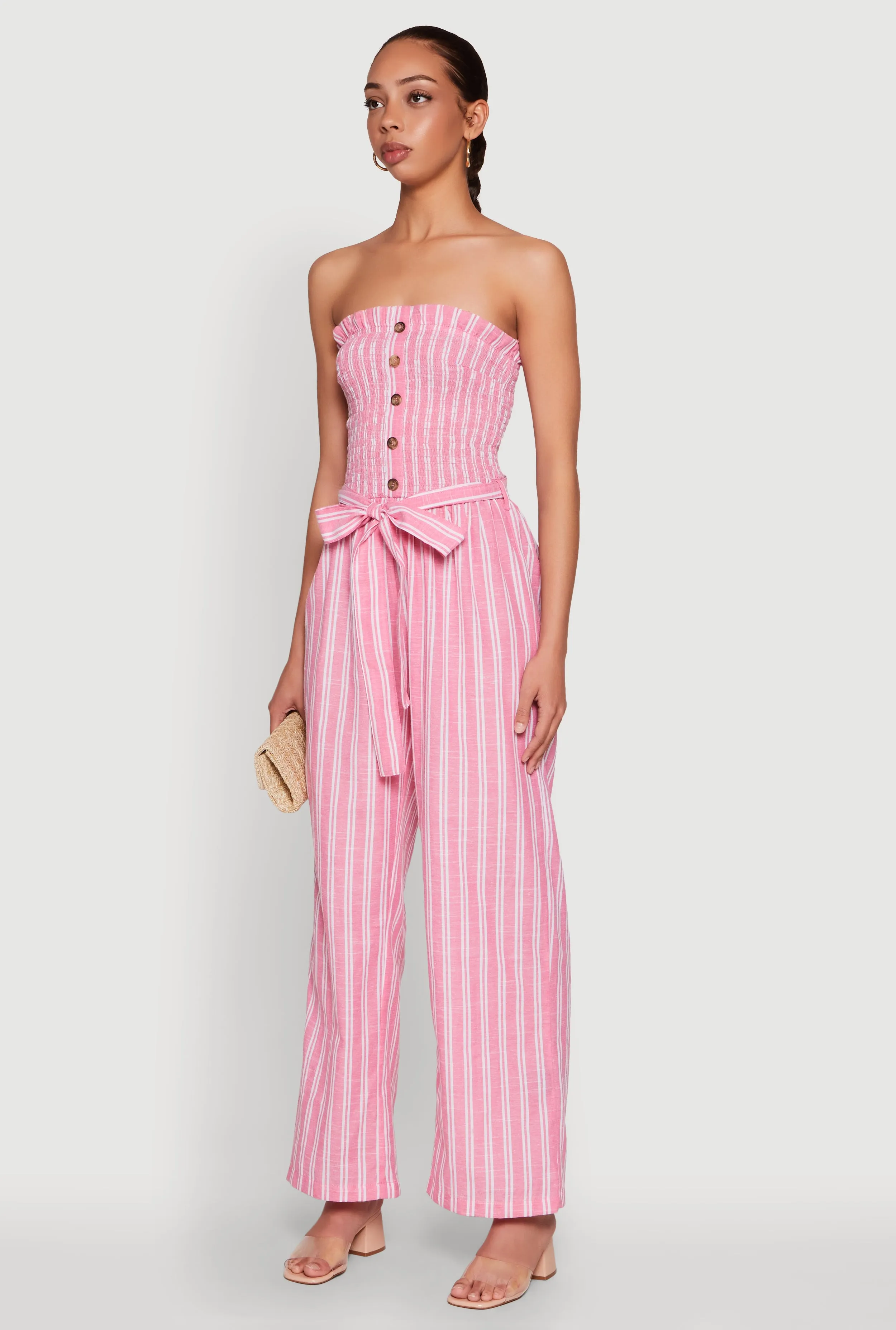 Smocked Tie Waist Belted Pinstripe Jumpsuit sold by Rainbow product image thumbnail 3