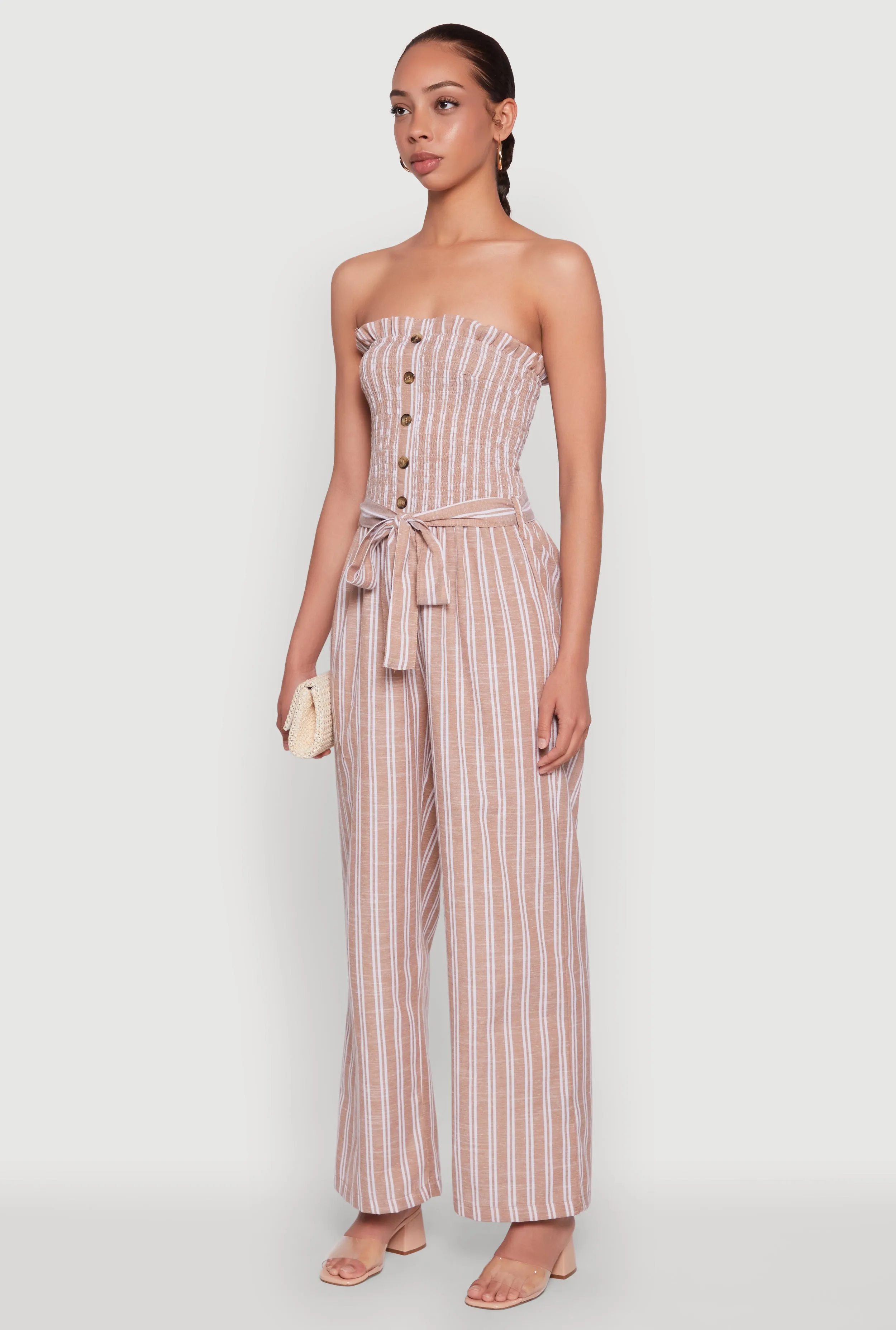 Smocked Tie Waist Belted Pinstripe Jumpsuit sold by Rainbow product image thumbnail 3
