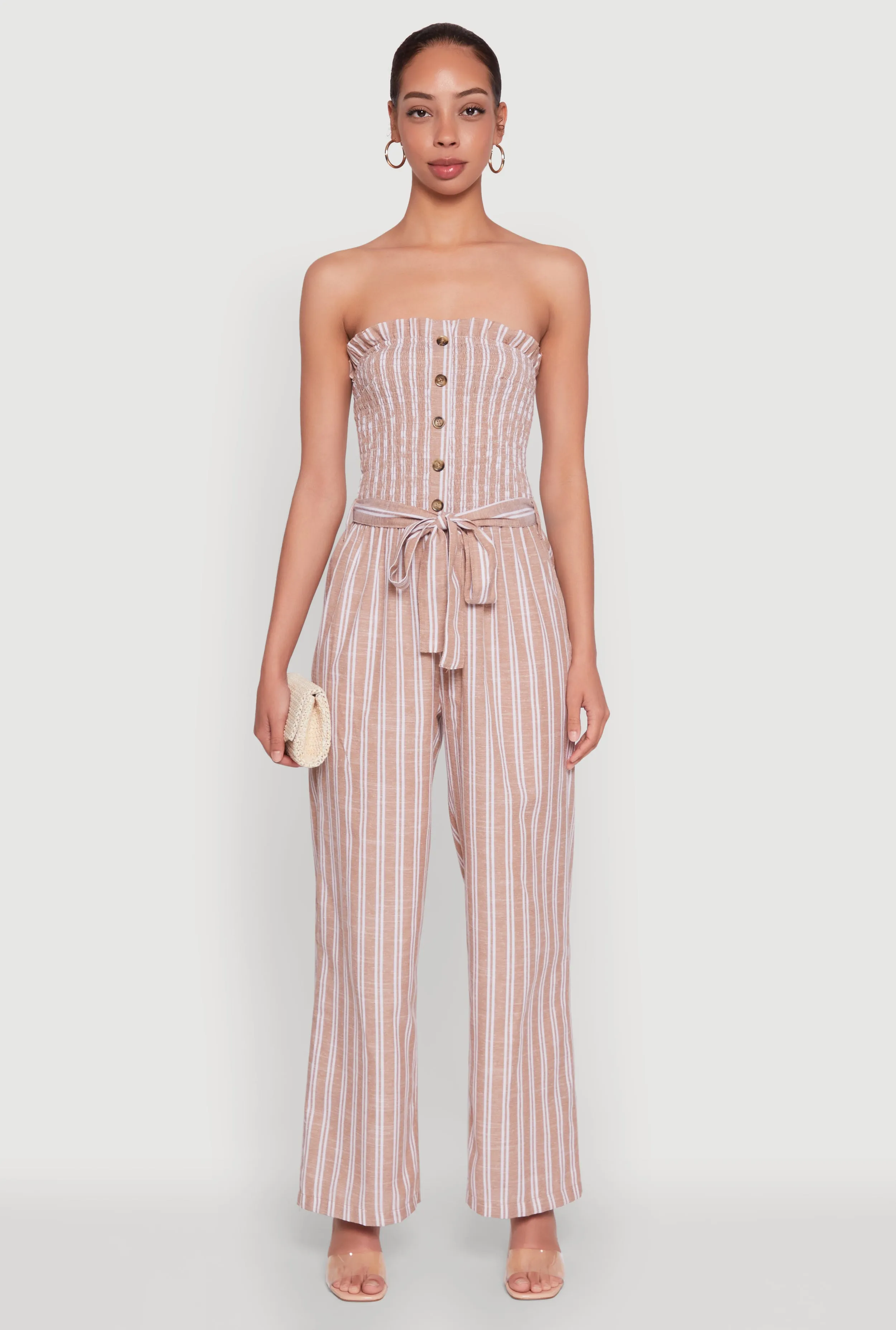 Smocked Tie Waist Belted Pinstripe Jumpsuit sold by Rainbow product image thumbnail 2