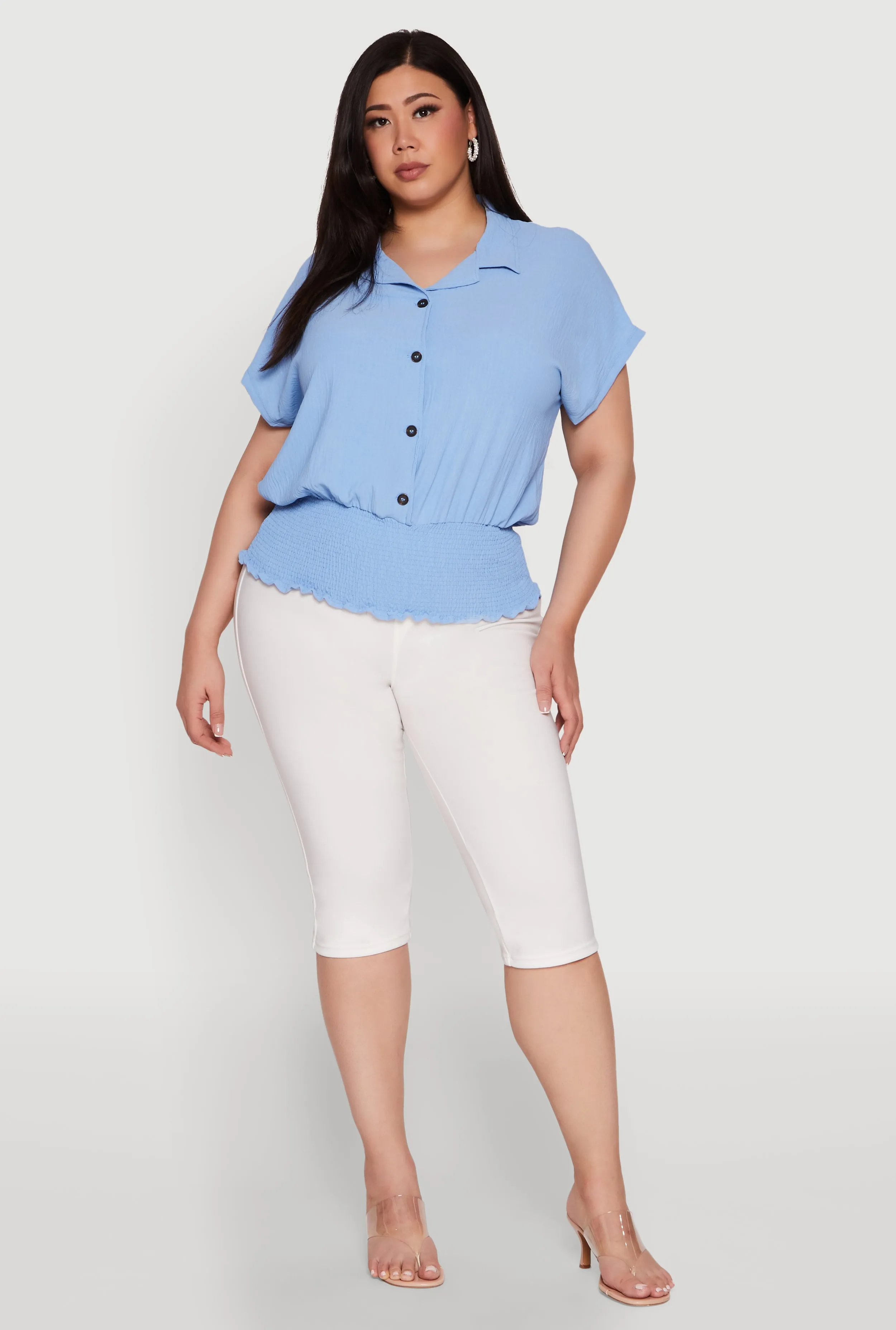 Plus Size Smocked Hem Button Front Top sold by Rainbow