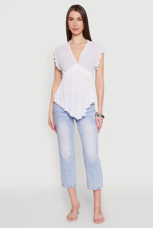 V Neck Lettuce Edge Hanky Hem Blouse sold by Rainbow