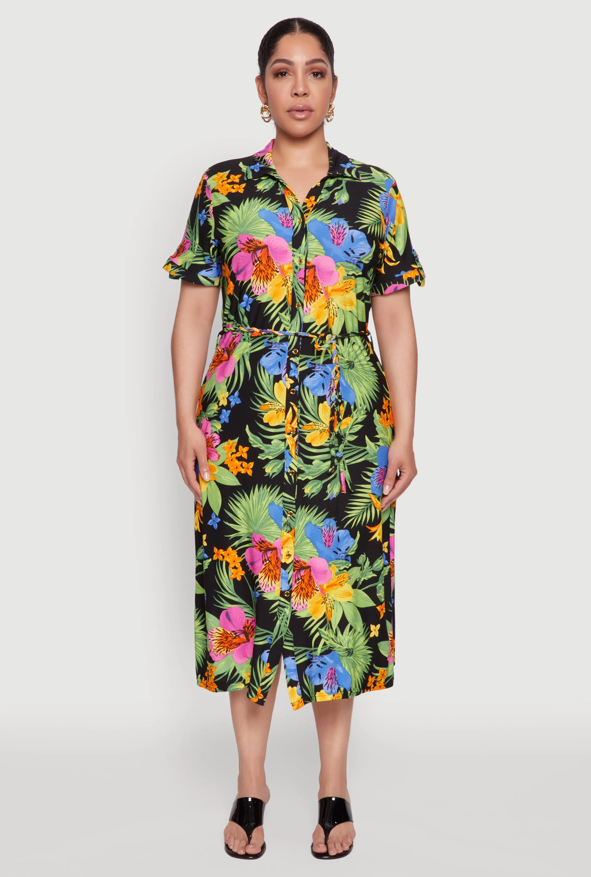 Plus Size Tie Waist Belted Floral Print Shirt Dress sold by Rainbow product image thumbnail 2