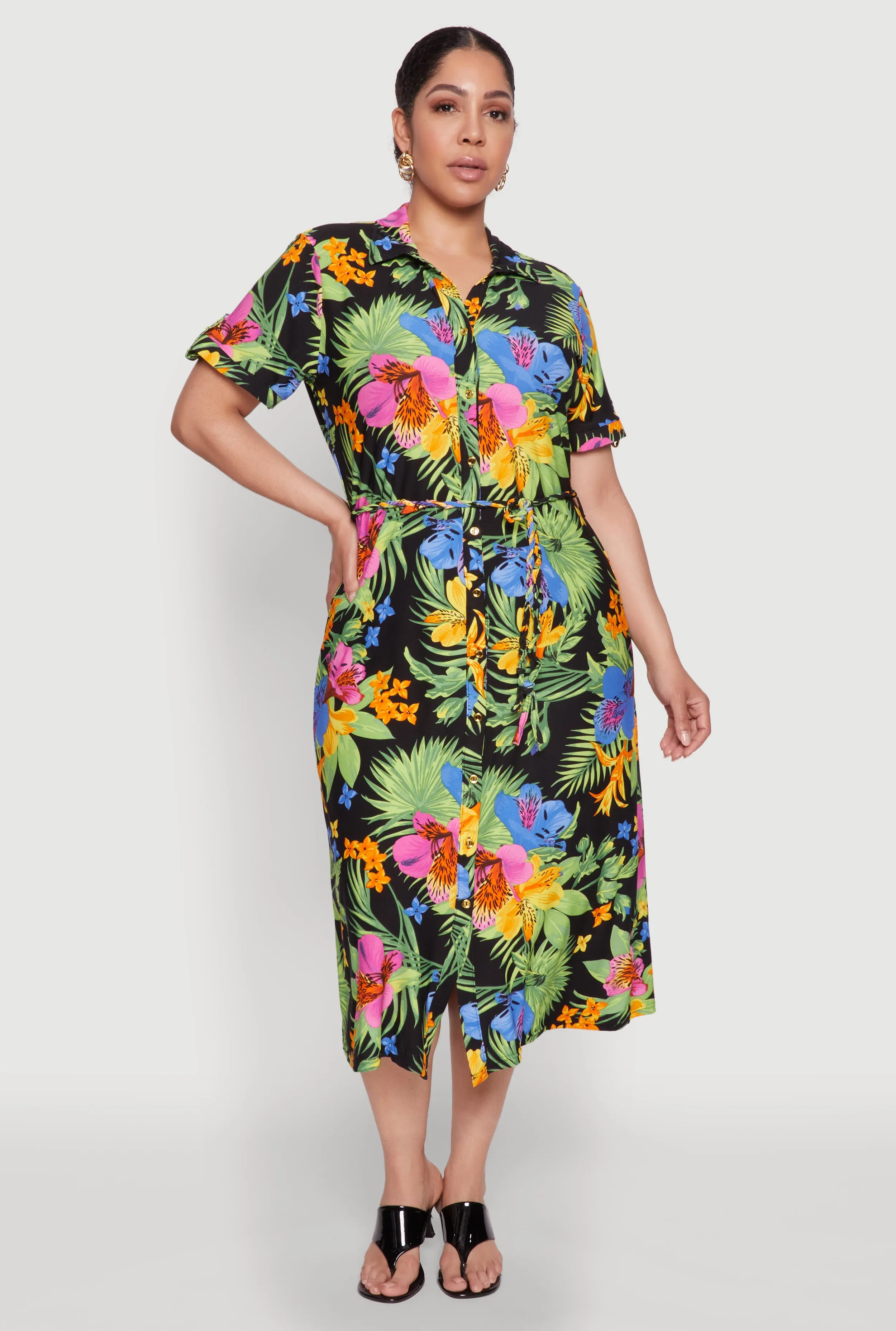Plus Size Tie Waist Belted Floral Print Shirt Dress sold by Rainbow