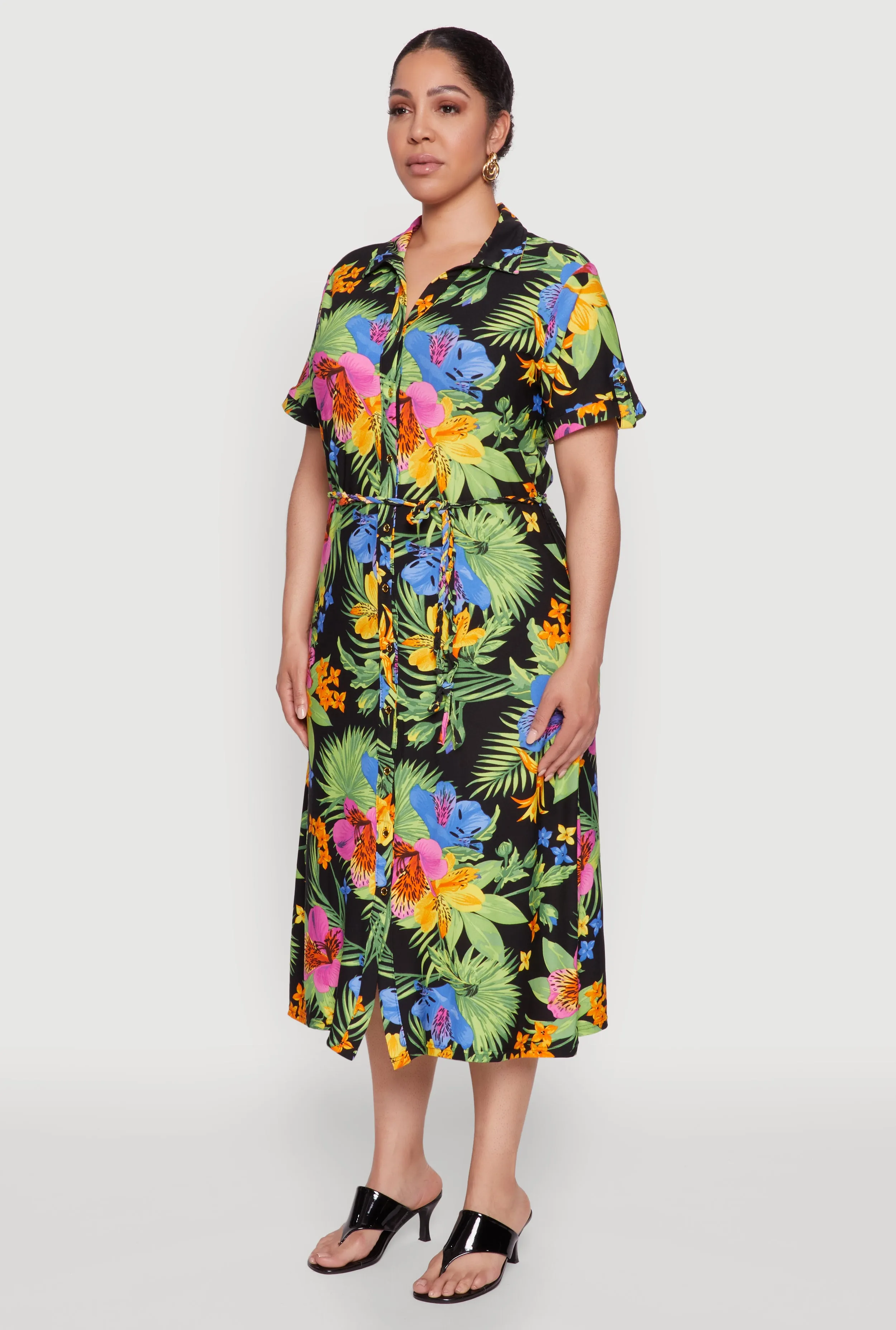 Plus Size Tie Waist Belted Floral Print Shirt Dress sold by Rainbow product image thumbnail 3
