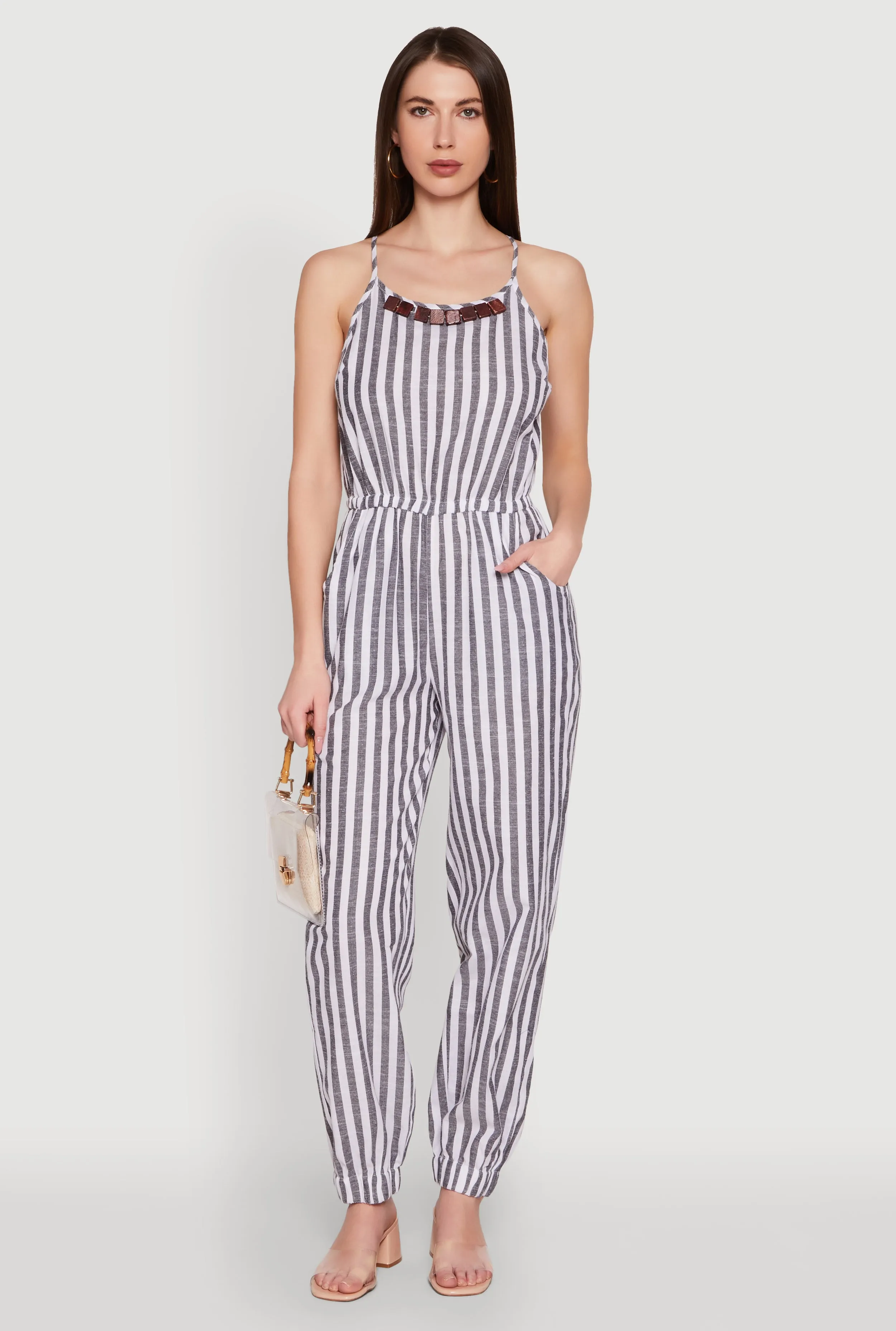 Wooden Beaded Detail Striped Jumpsuit sold by Rainbow