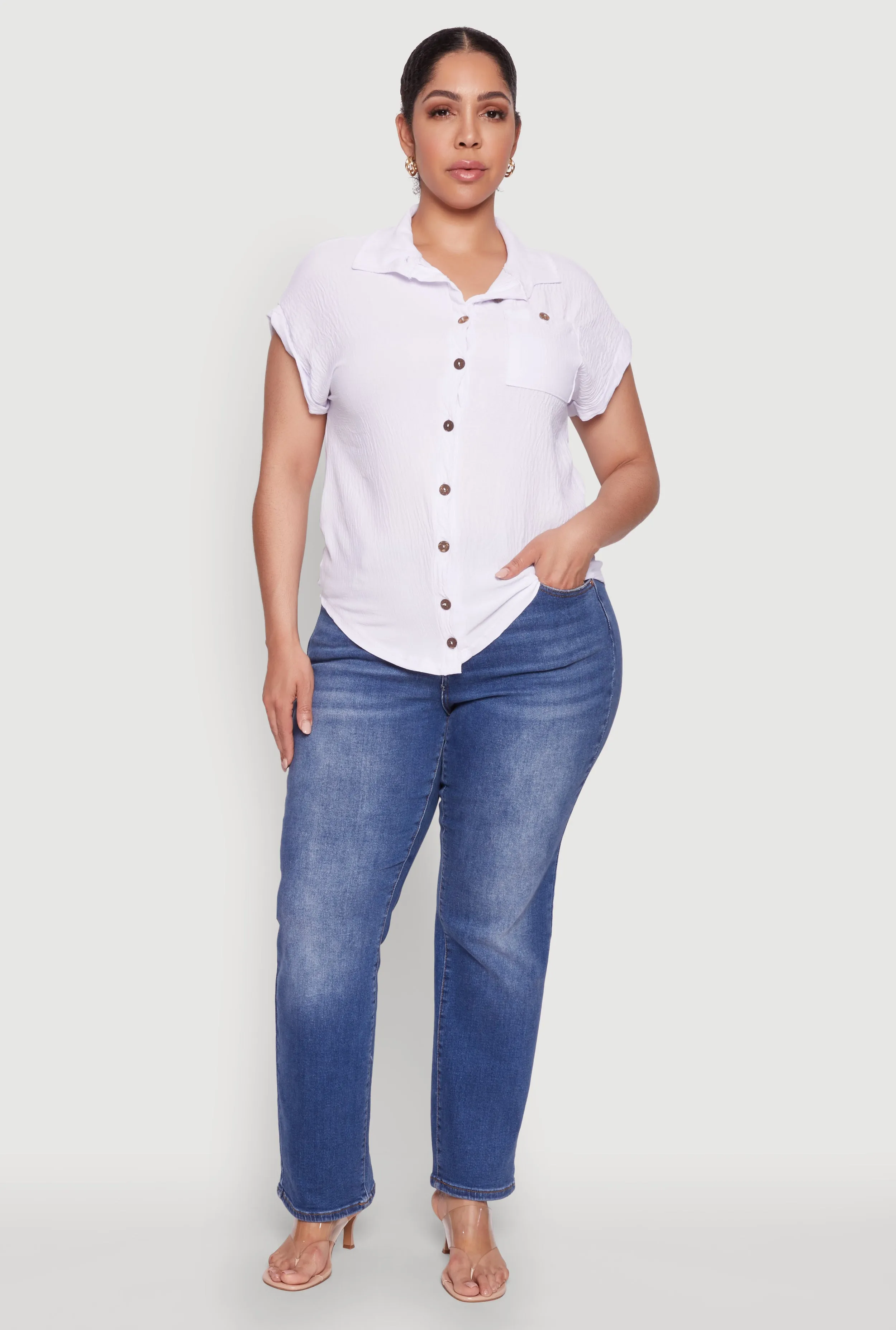 Plus Size Airy Button Front Shirt sold by Rainbow