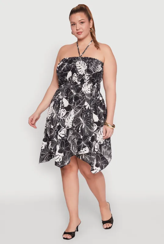 Plus Size Smocked Shark Bite Leaf Print Dress sold by Rainbow