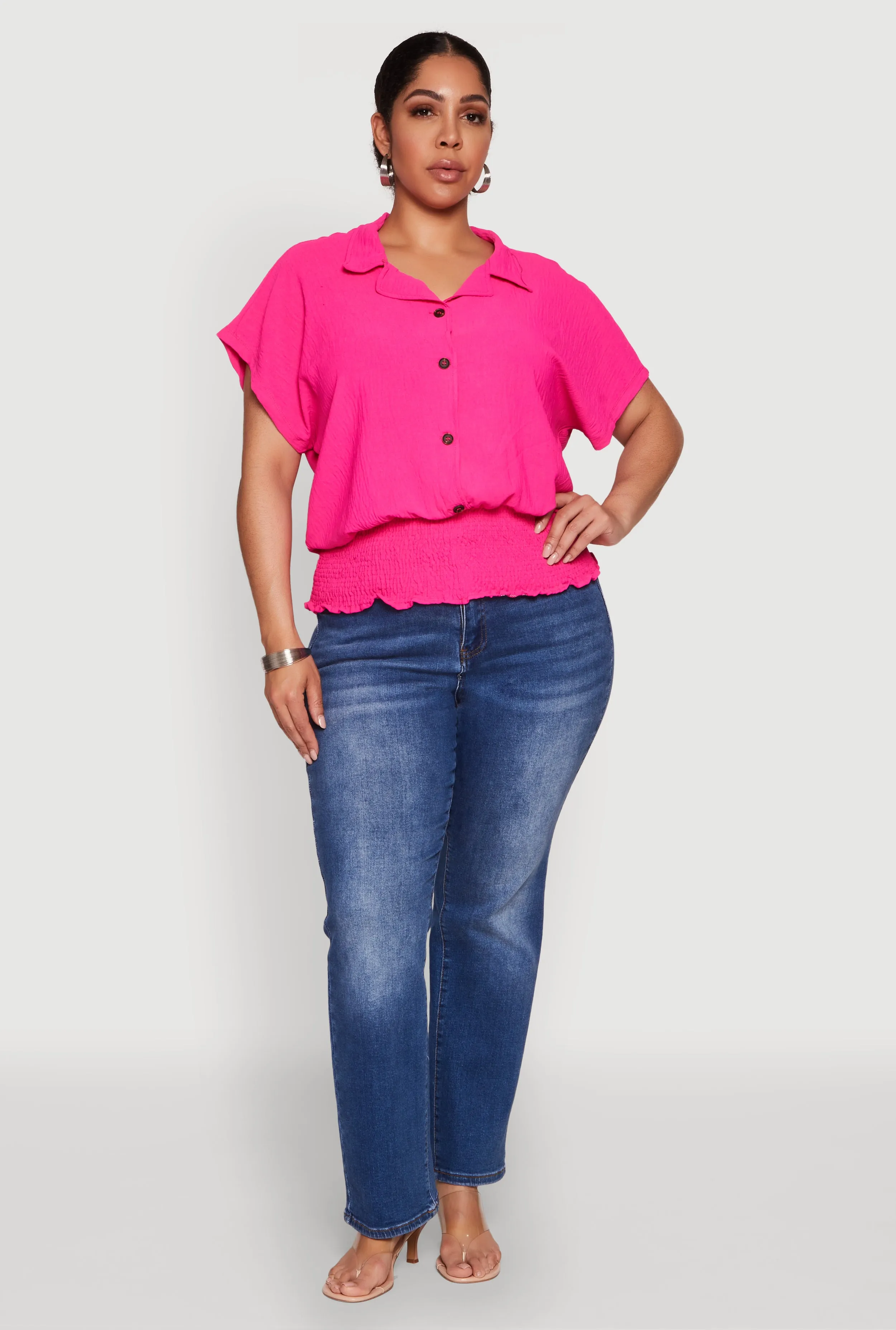 Plus Size Smocked Hem Button Front Top sold by Rainbow