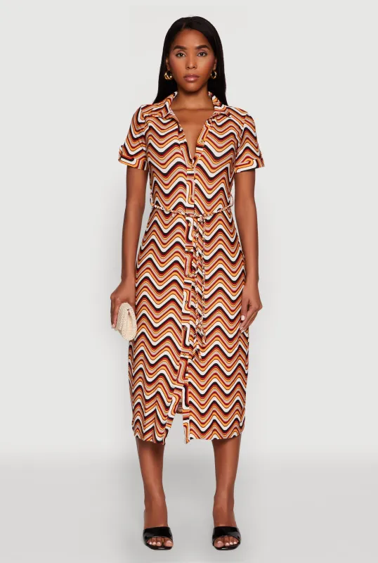 Wavy Striped Tie Waist Belted Dress sold by Rainbow