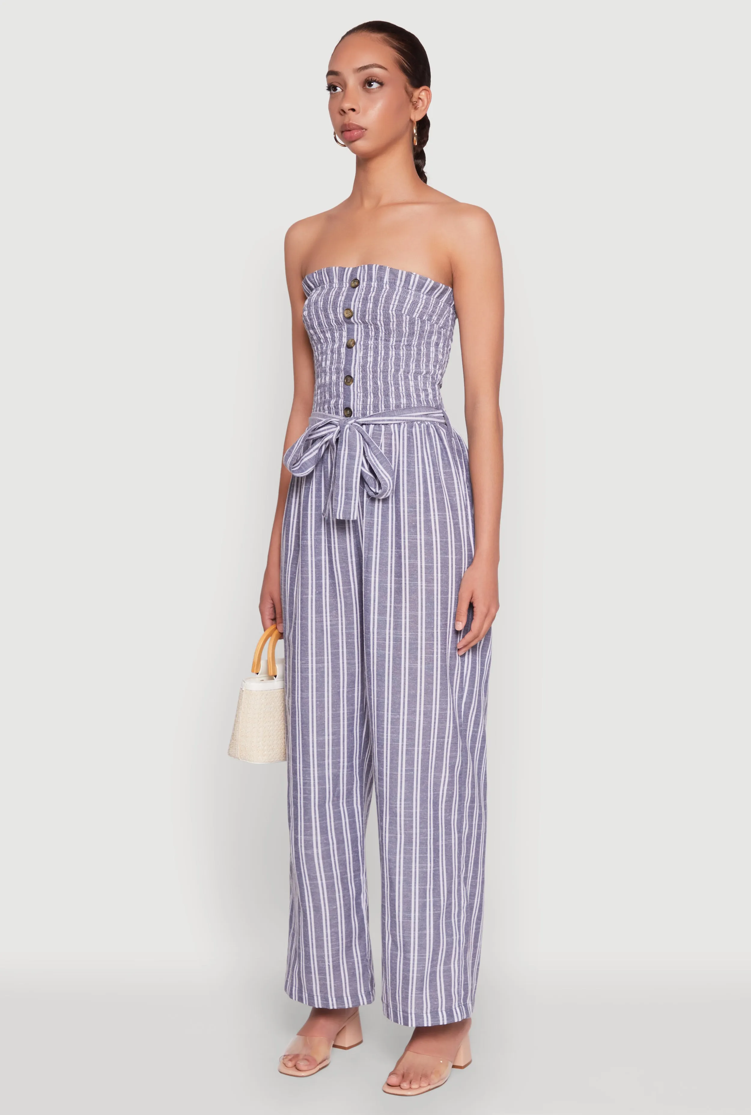 Smocked Tie Waist Belted Pinstripe Jumpsuit sold by Rainbow product image thumbnail 3
