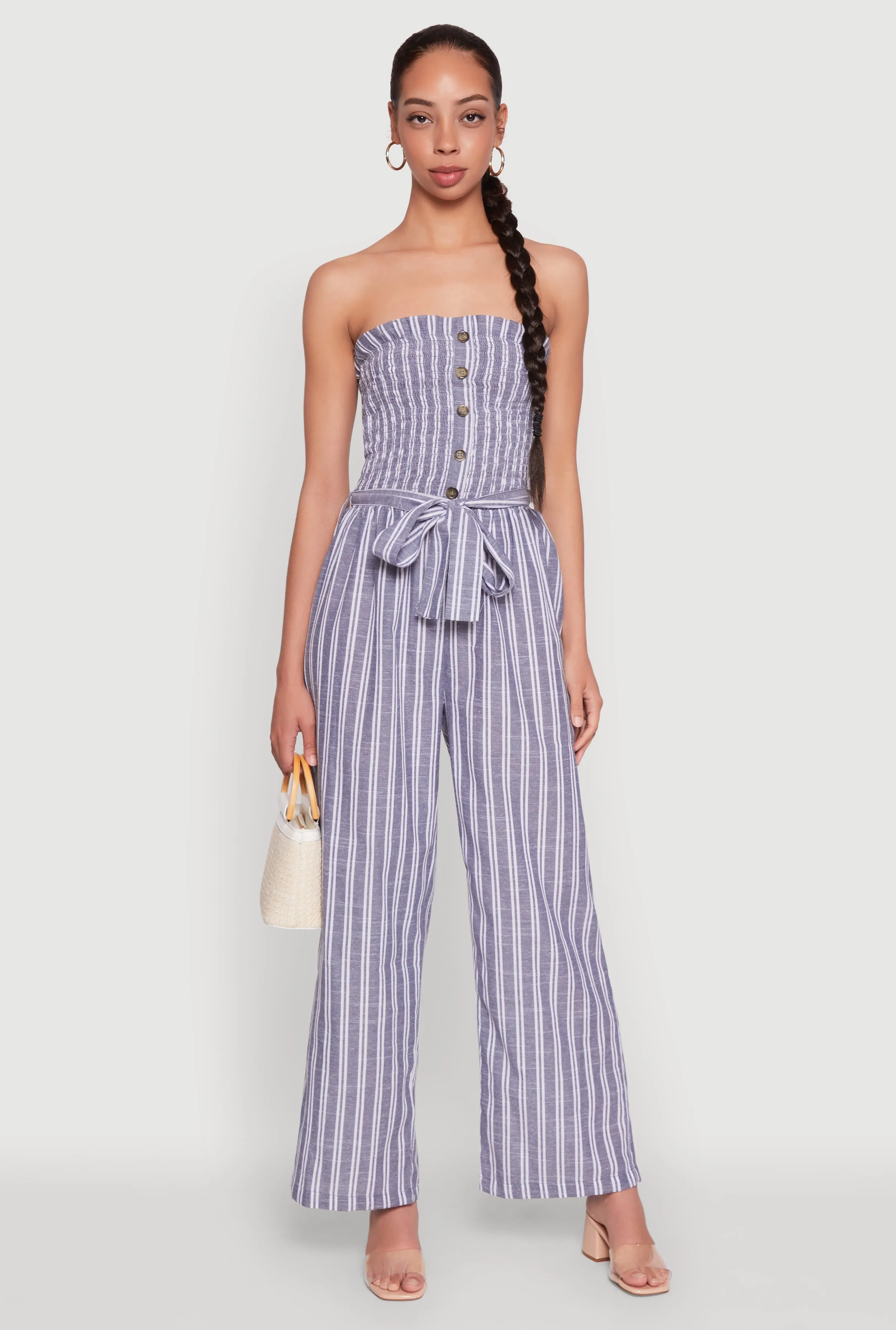 Smocked Tie Waist Belted Pinstripe Jumpsuit sold by Rainbow