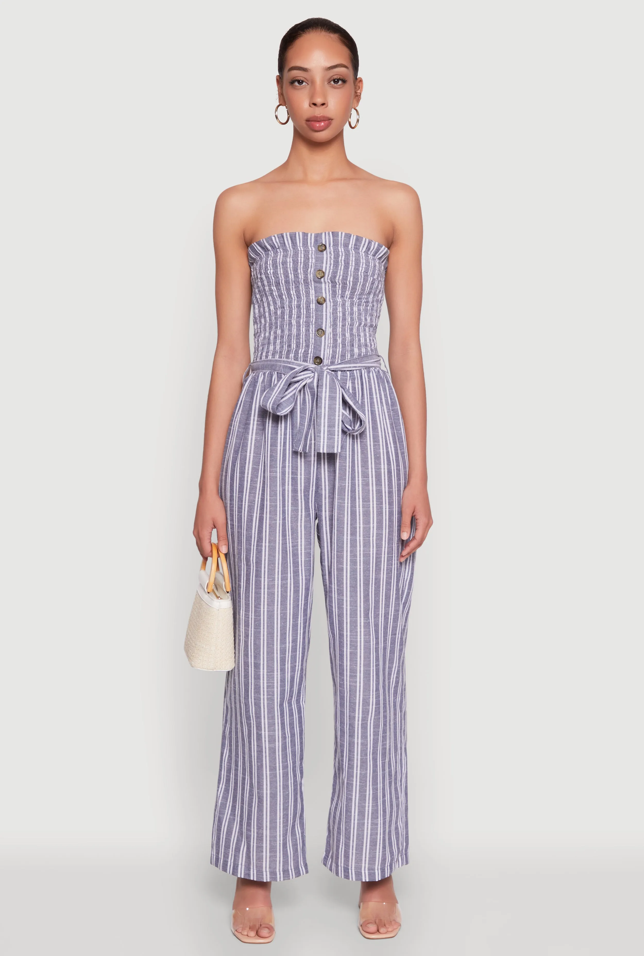 Smocked Tie Waist Belted Pinstripe Jumpsuit sold by Rainbow product image thumbnail 2