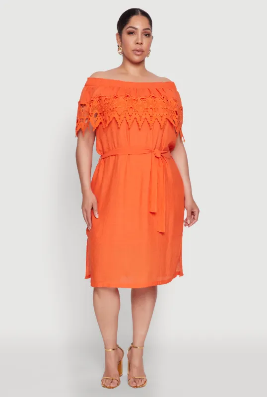 Plus Size Crochet Overlay Off The Shoulder Dress sold by Rainbow