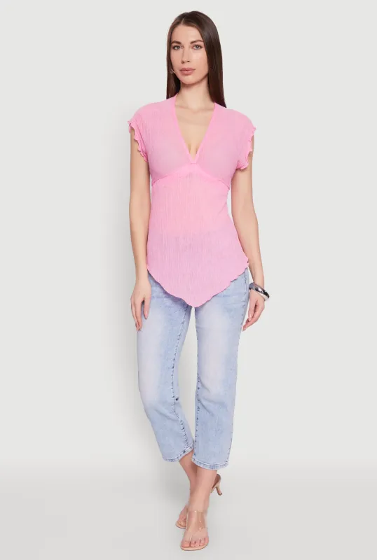 V Neck Lettuce Edge Hanky Hem Blouse sold by Rainbow