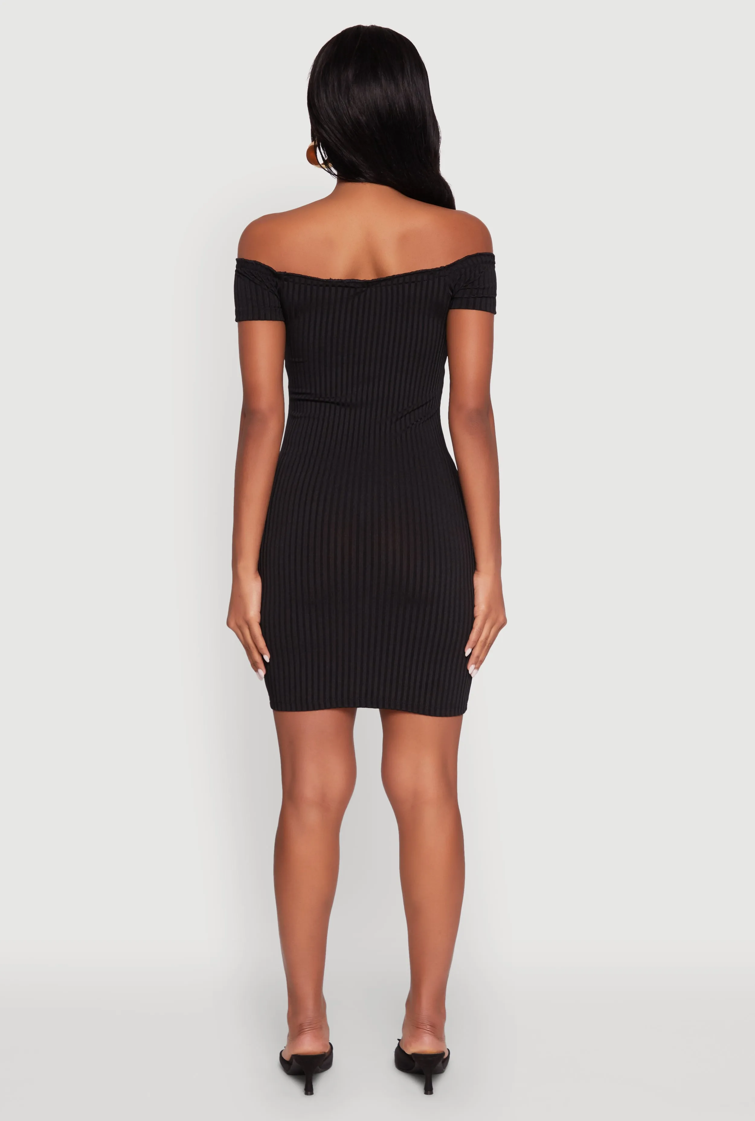 Rib Knit Faux Button Off Shoulder Bodycon Dress sold by Rainbow product image thumbnail 5