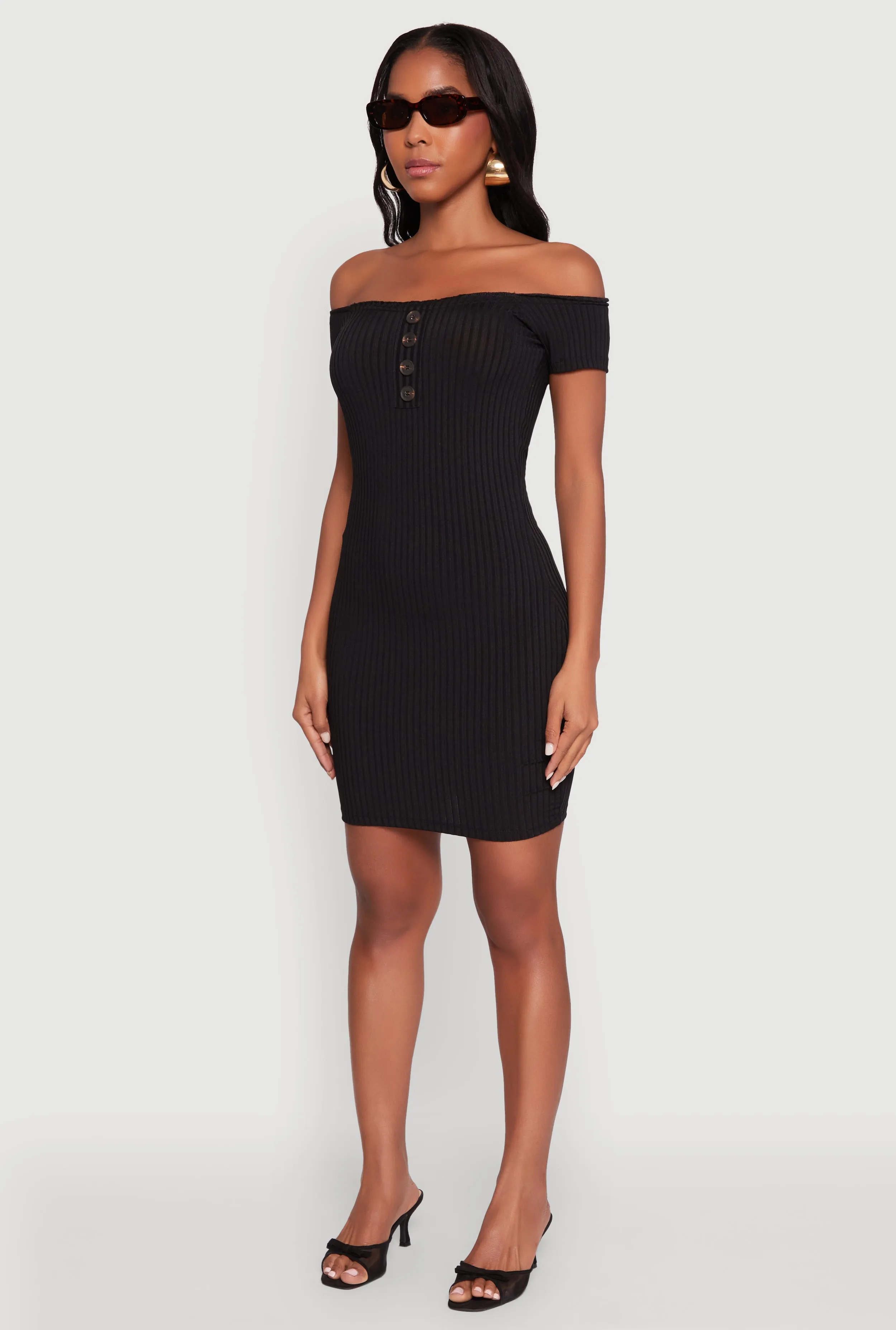 Rib Knit Faux Button Off Shoulder Bodycon Dress sold by Rainbow product image thumbnail 3