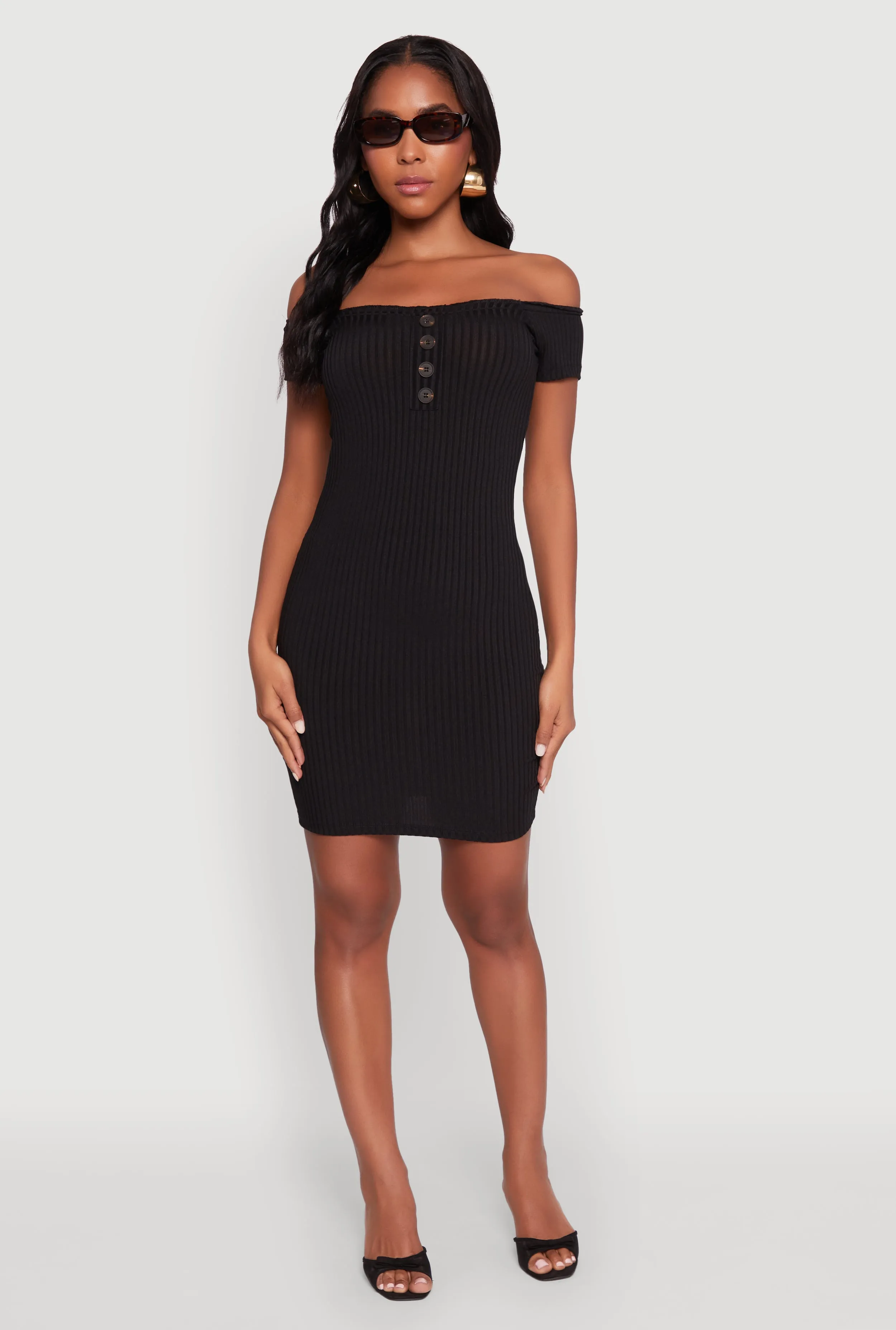 Rib Knit Faux Button Off Shoulder Bodycon Dress sold by Rainbow