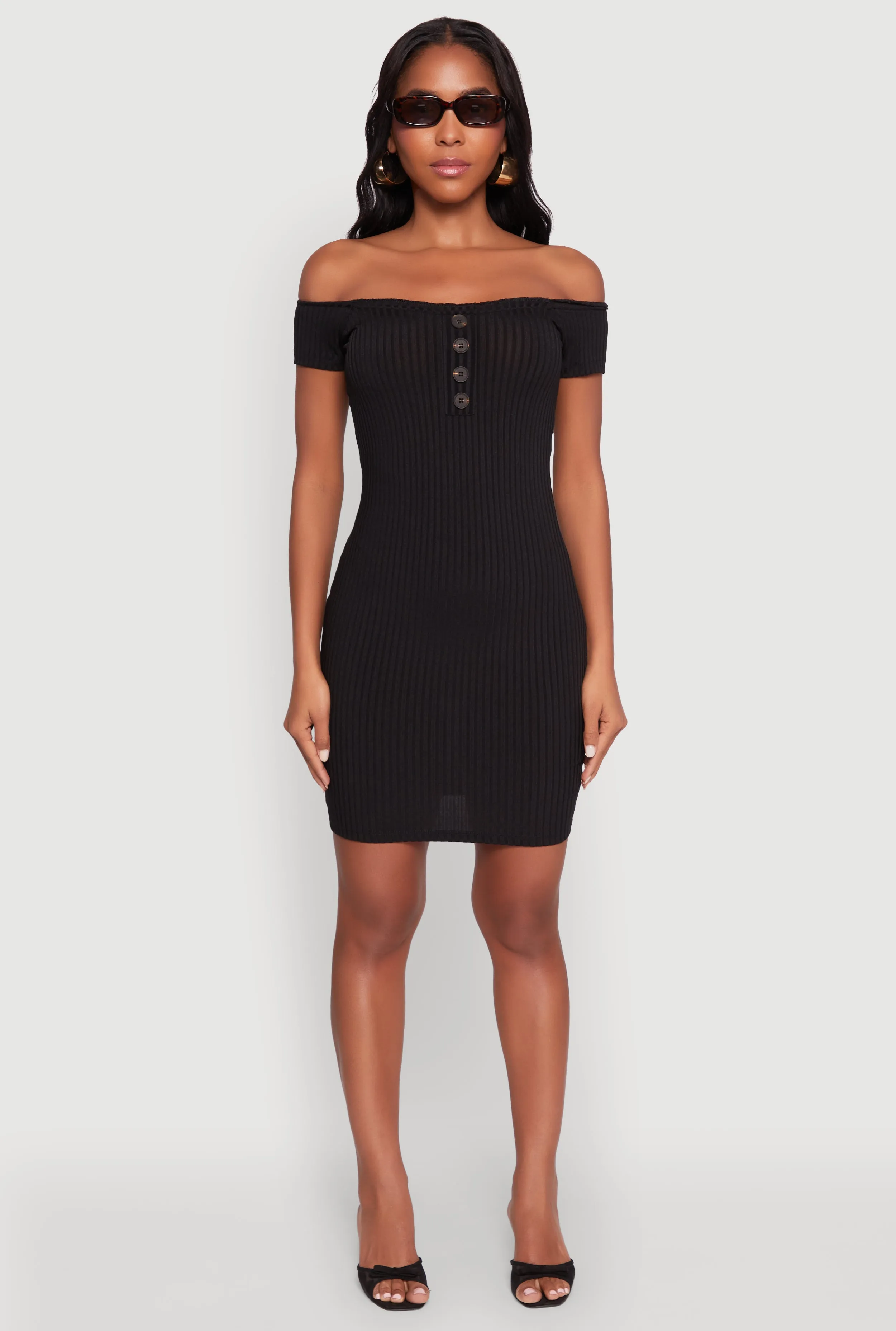 Rib Knit Faux Button Off Shoulder Bodycon Dress sold by Rainbow product image thumbnail 2