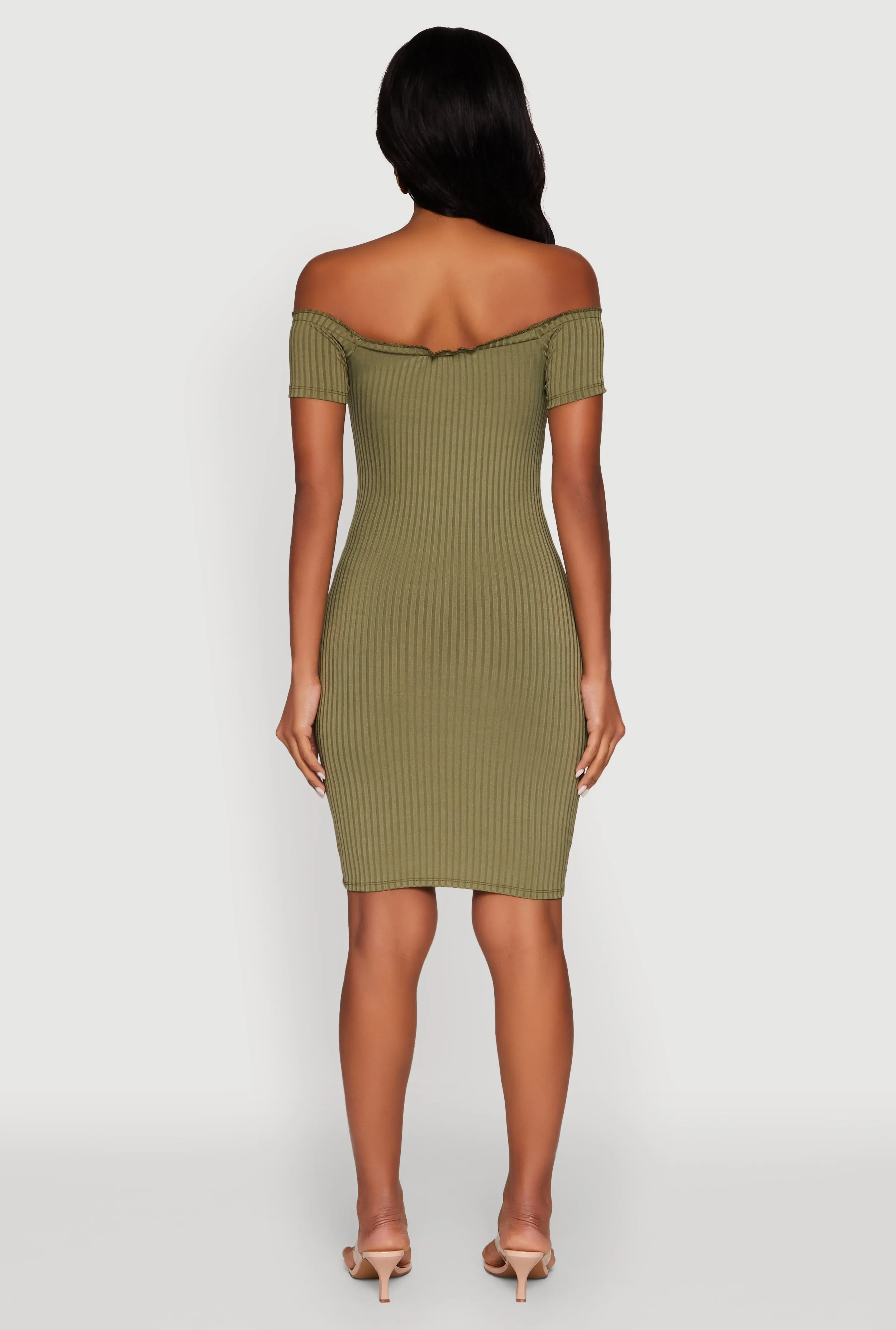 Rib Knit Faux Button Off Shoulder Bodycon Dress sold by Rainbow product image thumbnail 5