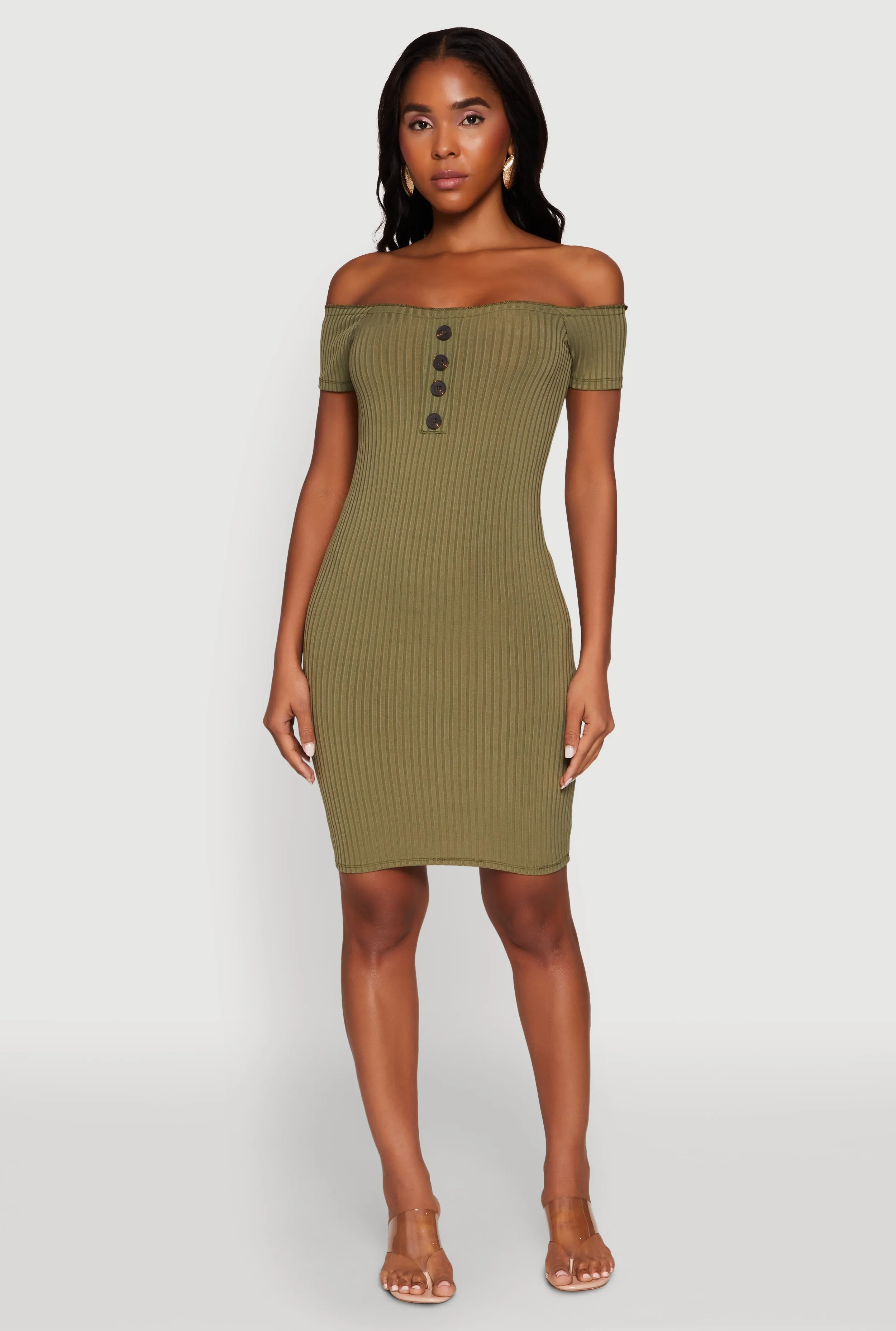 Rib Knit Faux Button Off Shoulder Bodycon Dress sold by Rainbow