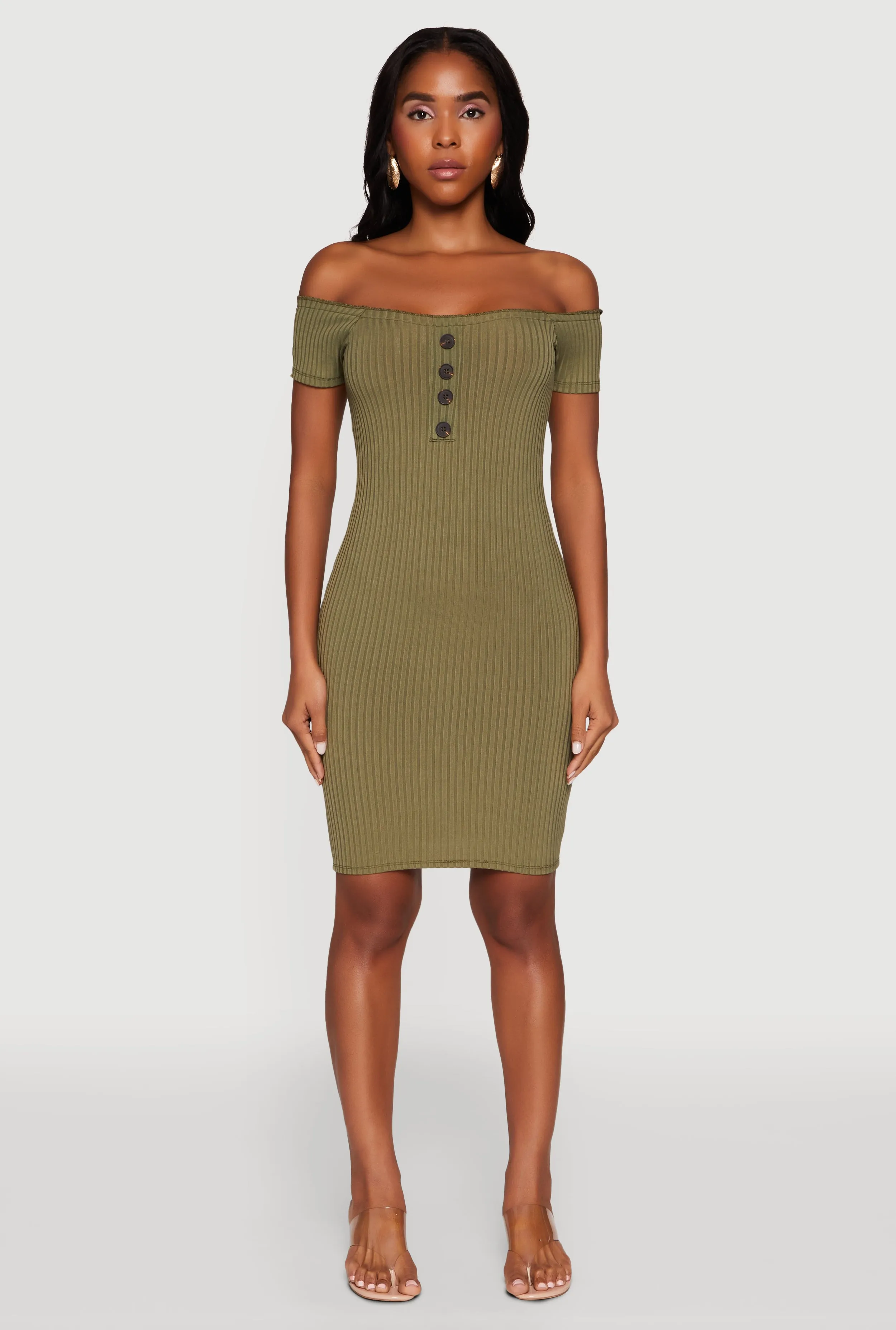 Rib Knit Faux Button Off Shoulder Bodycon Dress sold by Rainbow product image thumbnail 2