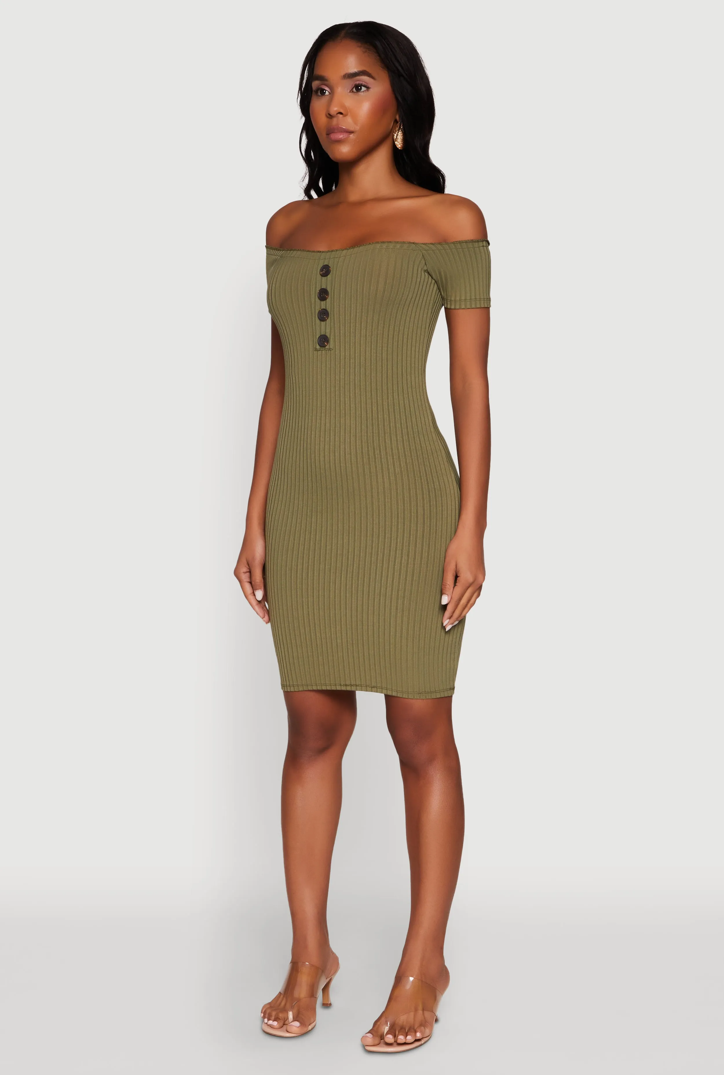 Rib Knit Faux Button Off Shoulder Bodycon Dress sold by Rainbow product image thumbnail 3