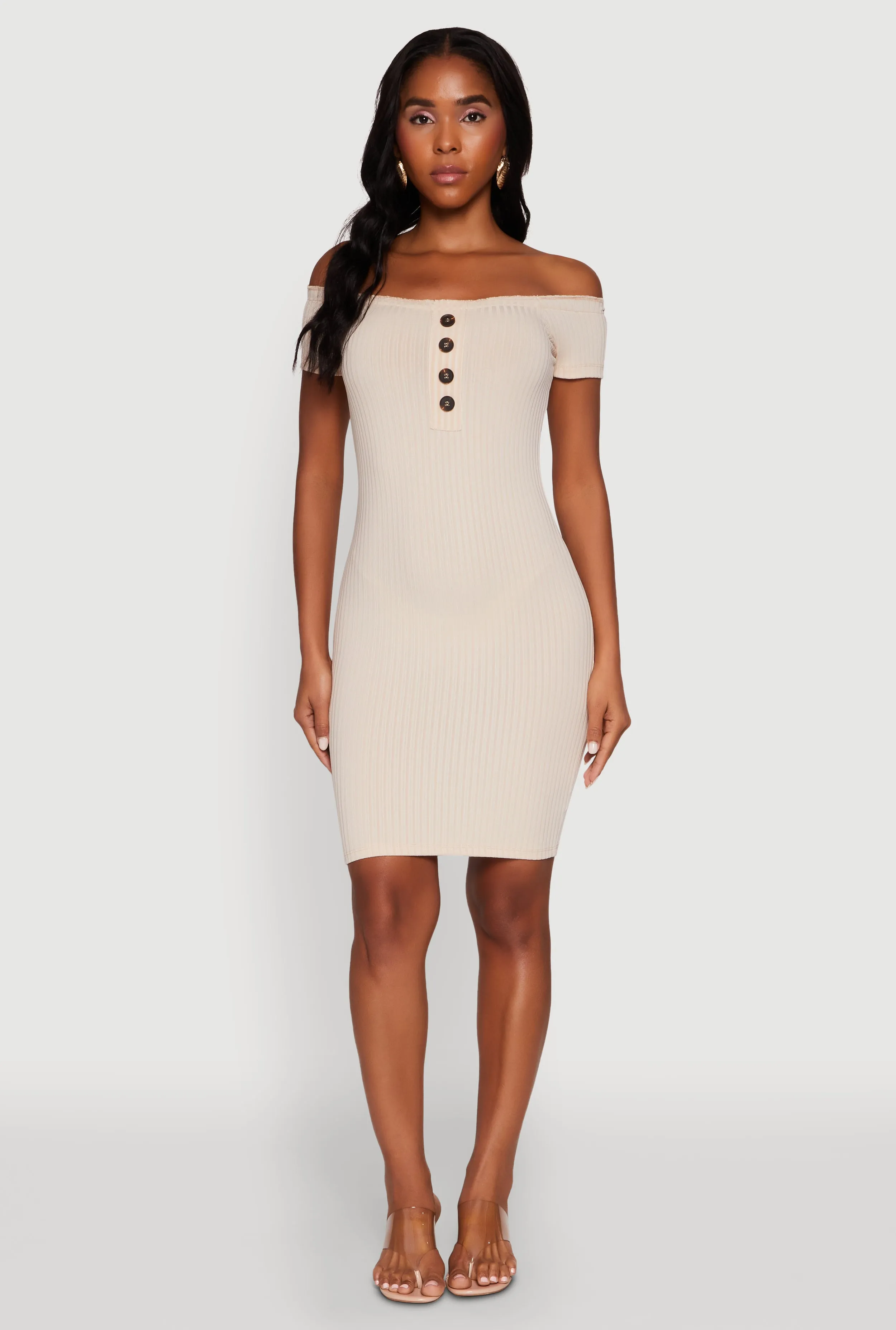 Rib Knit Faux Button Off Shoulder Bodycon Dress sold by Rainbow
