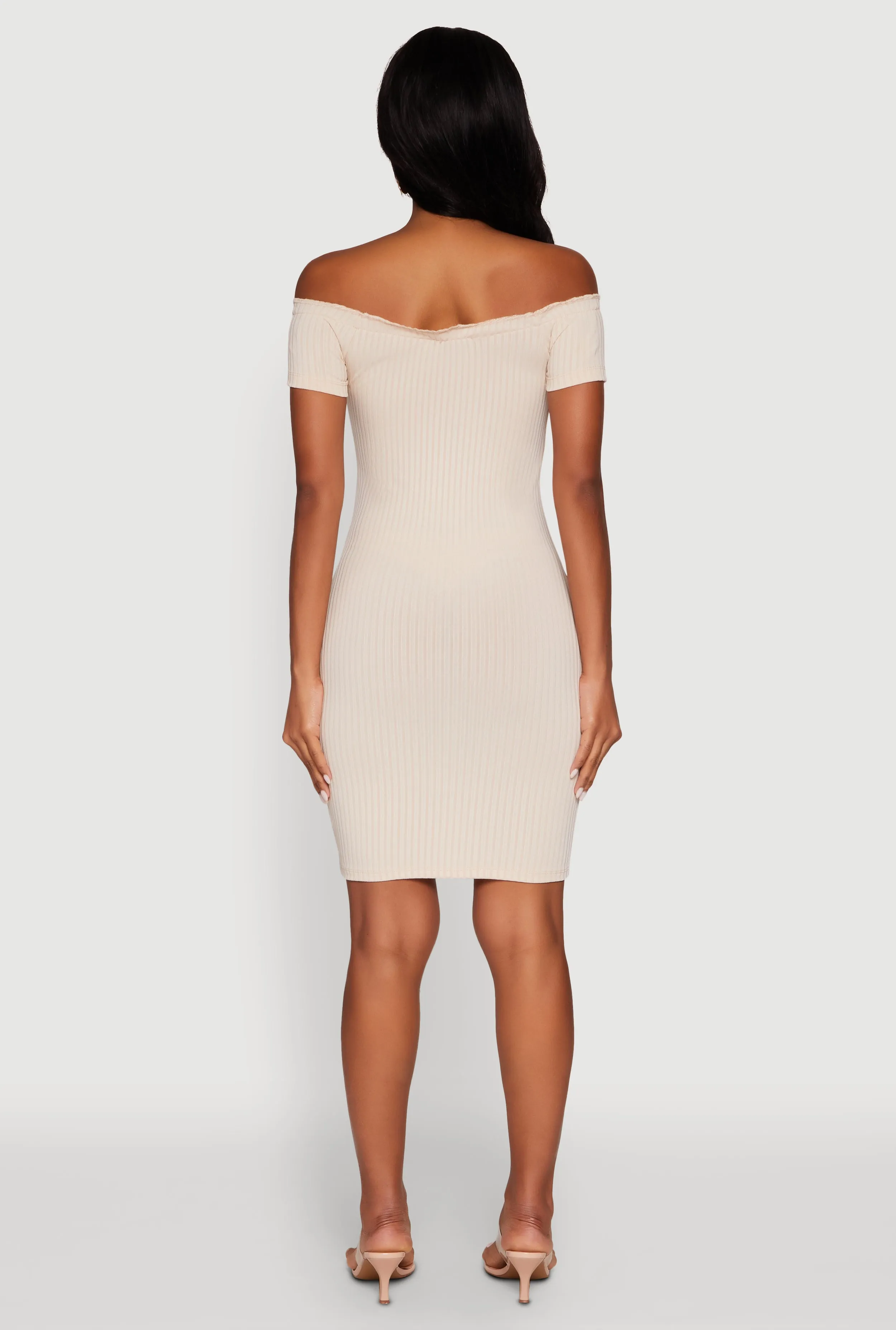 Rib Knit Faux Button Off Shoulder Bodycon Dress sold by Rainbow product image thumbnail 5