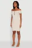 Rib Knit Faux Button Off Shoulder Bodycon Dress sold by Rainbow