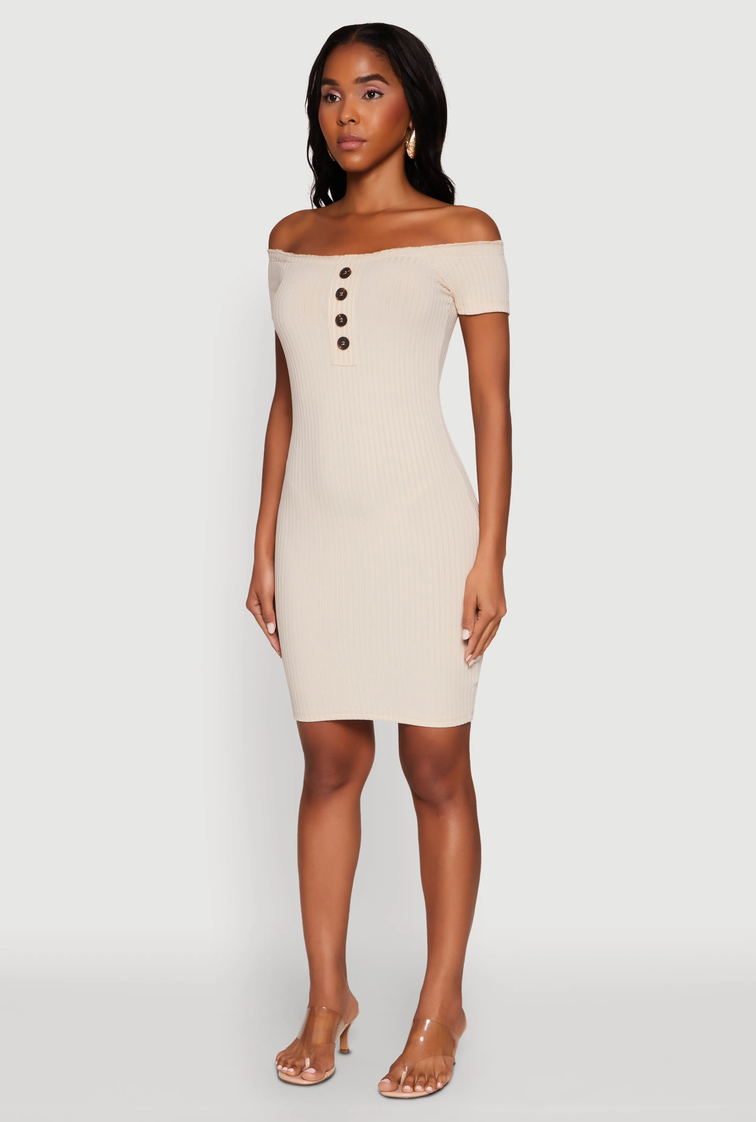 Rib Knit Faux Button Off Shoulder Bodycon Dress sold by Rainbow product image thumbnail 3