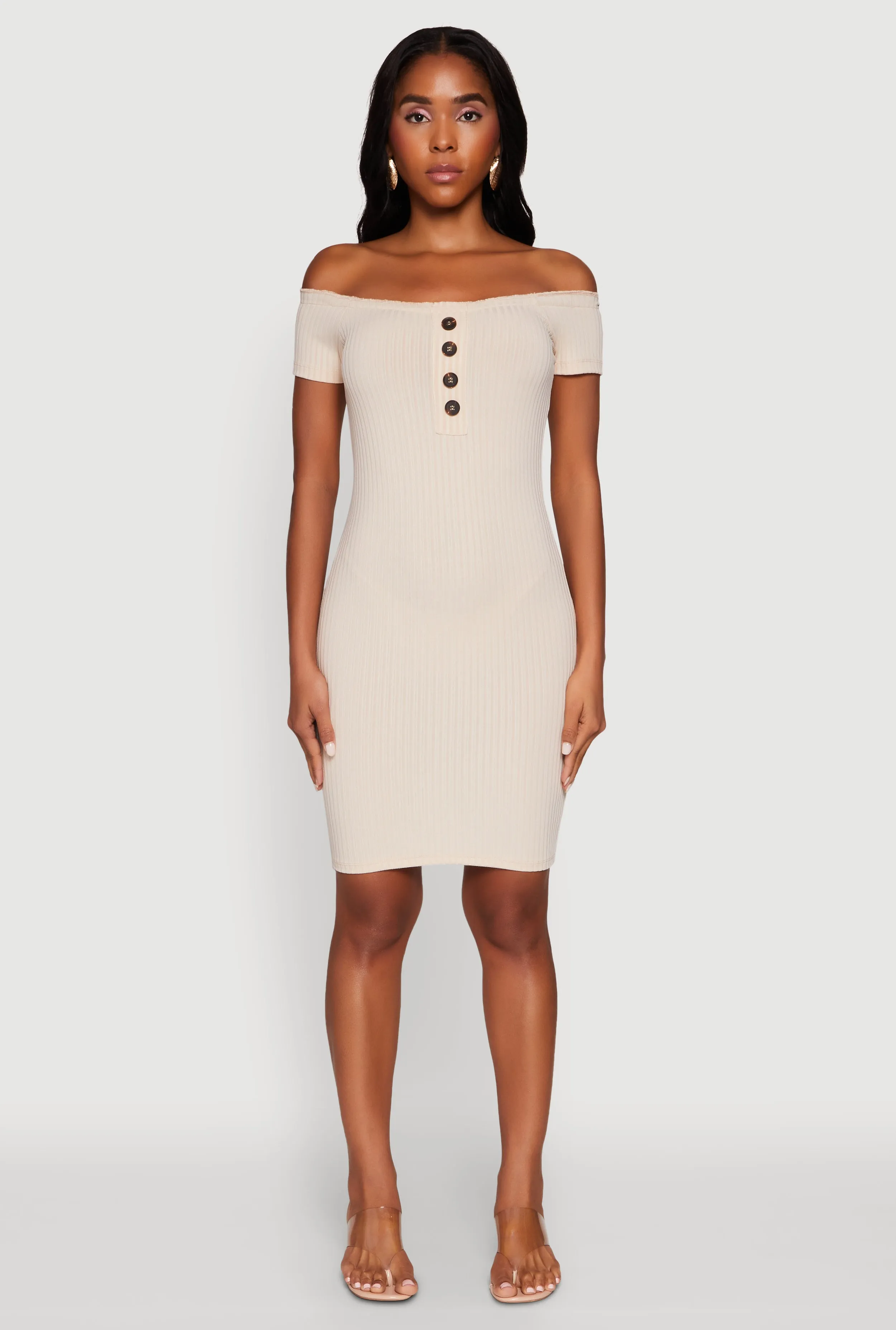 Rib Knit Faux Button Off Shoulder Bodycon Dress sold by Rainbow product image thumbnail 2